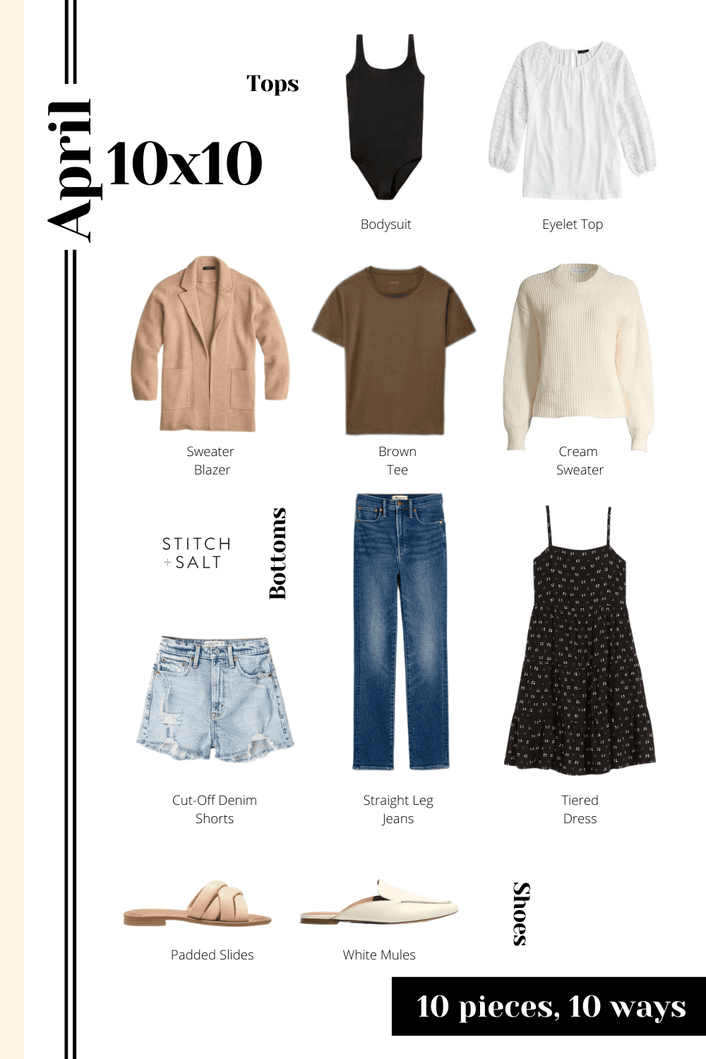 a collage graphic with 10 pieces of clothing for 10 different spring outfits