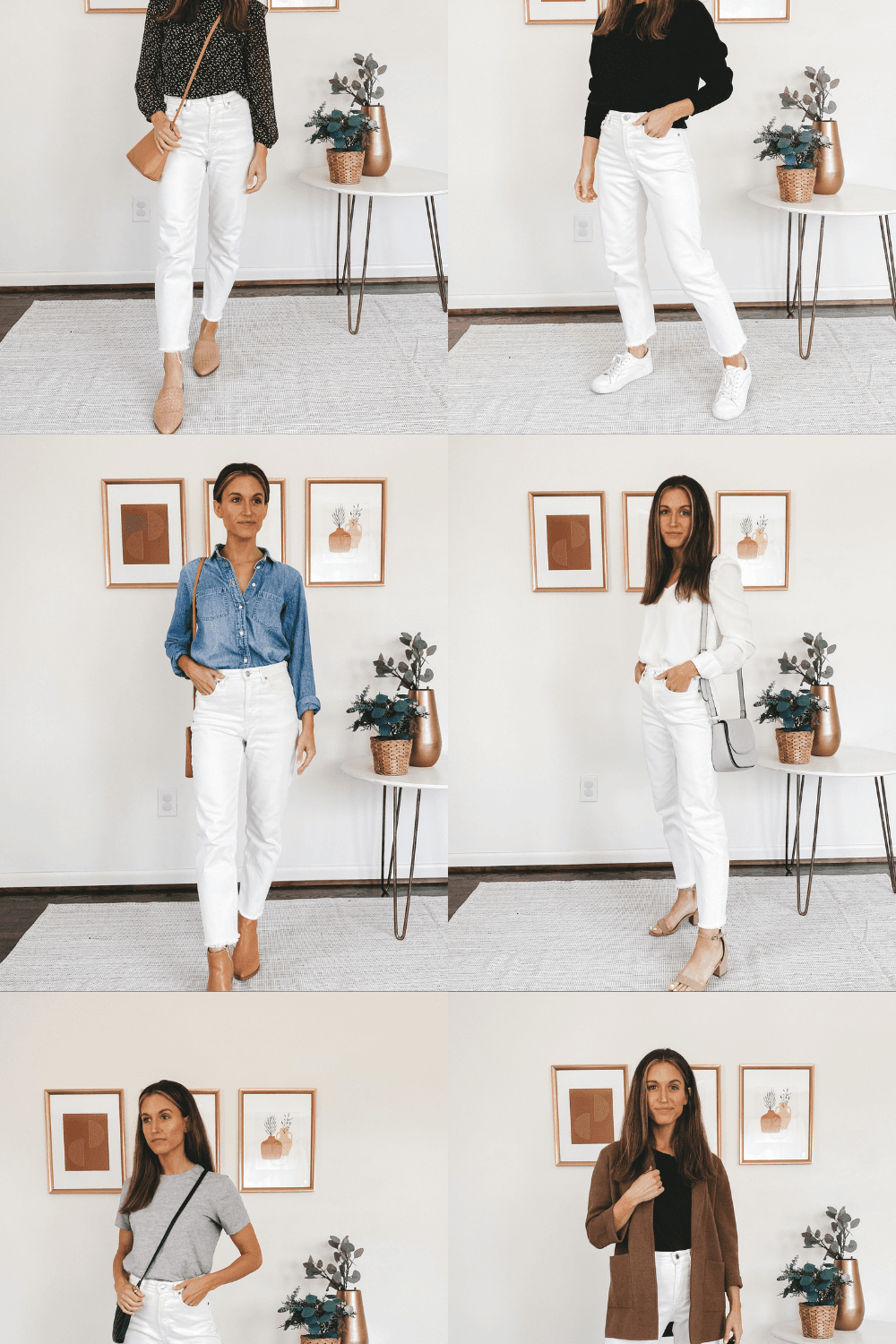 a collage graphic of six different outfits with white denim