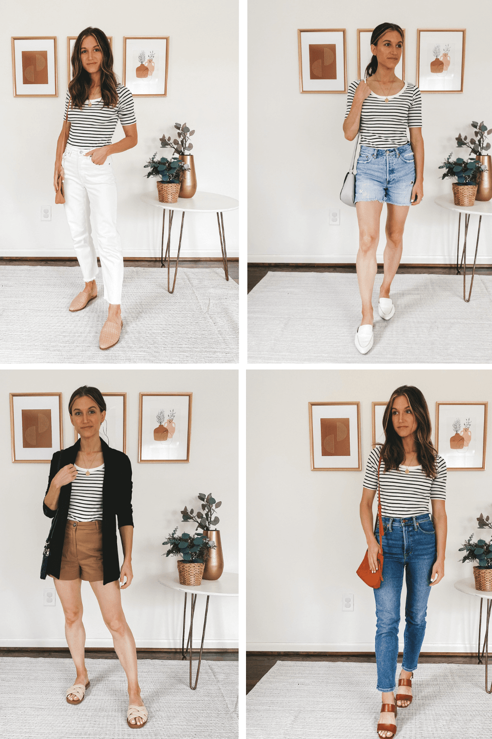 a collage graphic with four different striped tee outfits