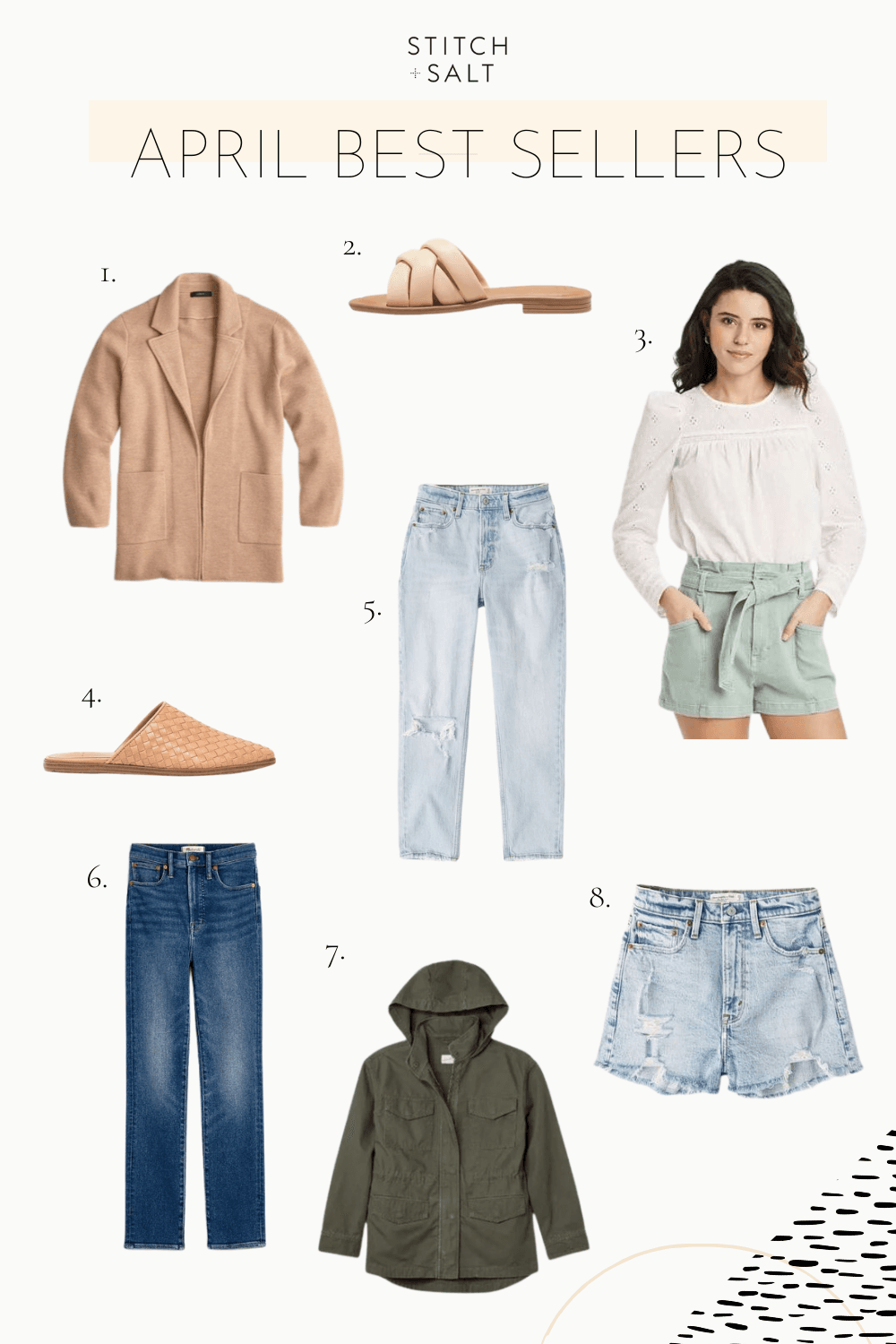 a collage graphic with 8 pieces of clothing