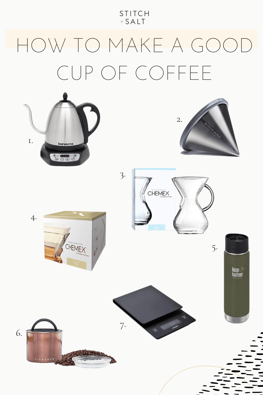 a collage graphic with different products used to make a good cup of coffee