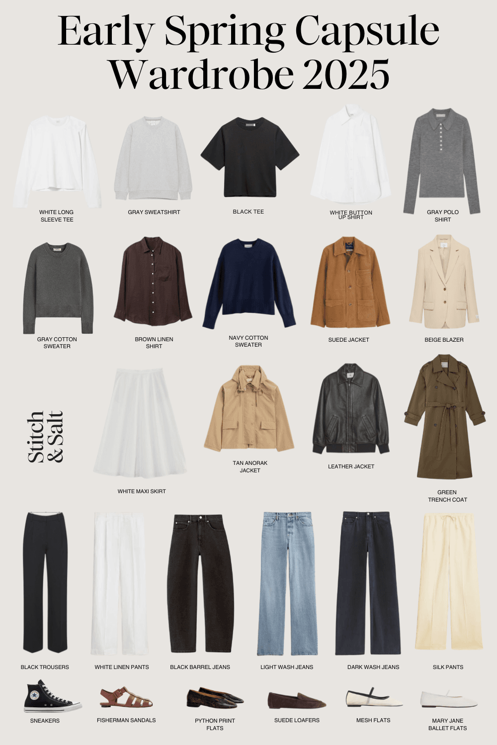 an early spring capsule wardrobe with tops, bottoms, outerwear, and shoes