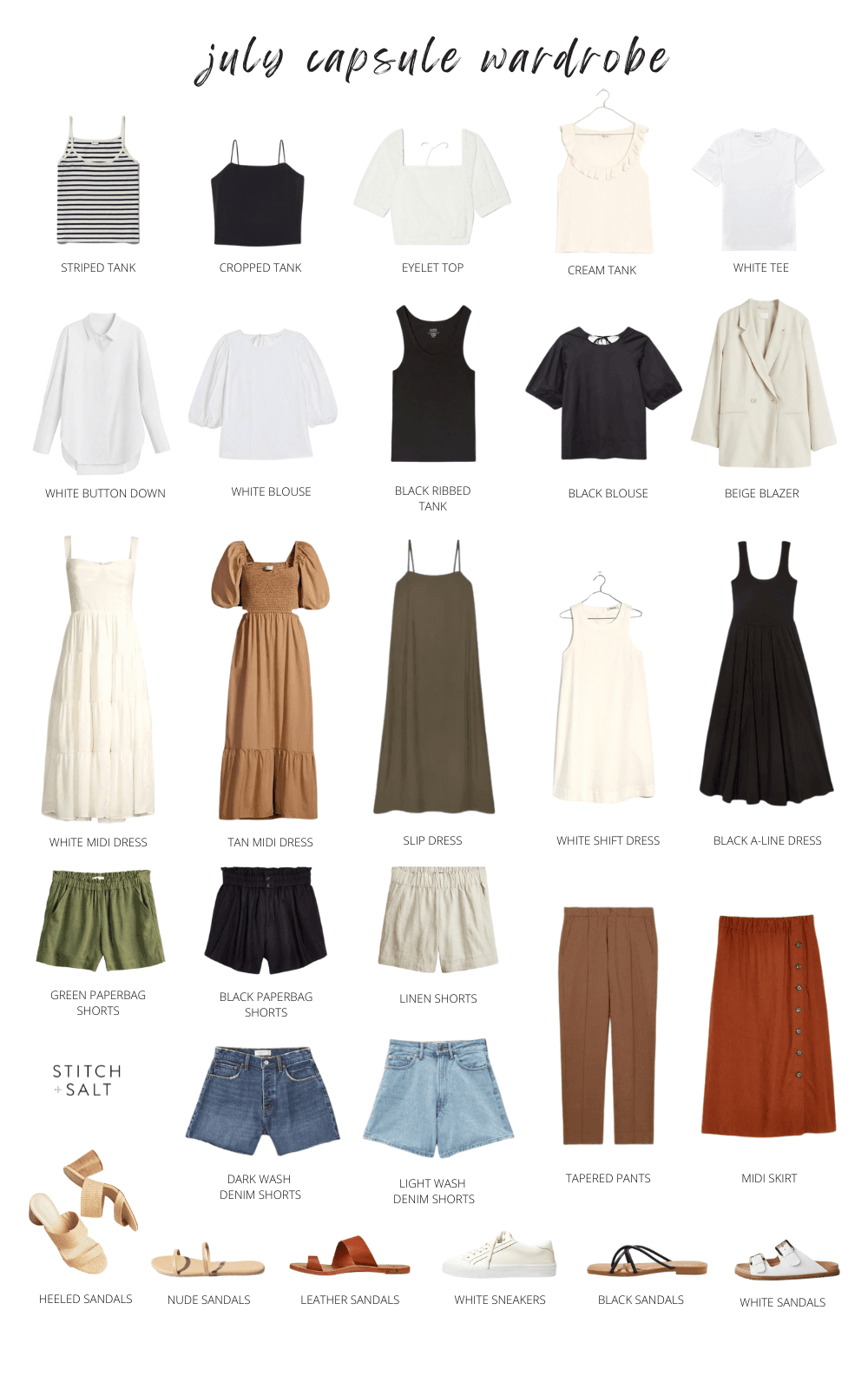 a collage graphic with a summer capsule wardrobe