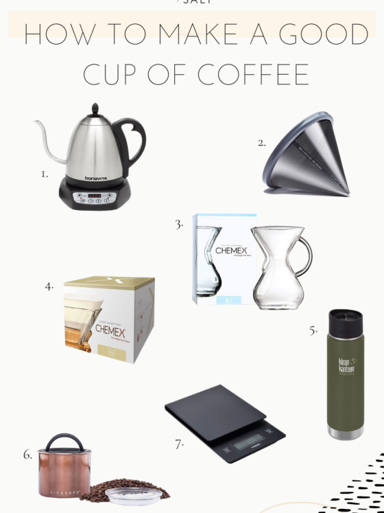 a collage graphic with different products used to make a good cup of coffee