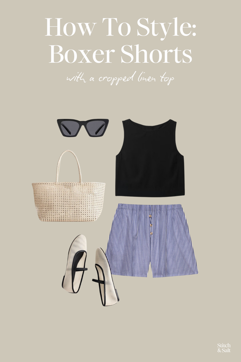 how to style boxer shorts with a cropped linen tank, blue and white striped boxer shorts, mesh flats, a cream perforated tote bag, and cat eye sunglasses