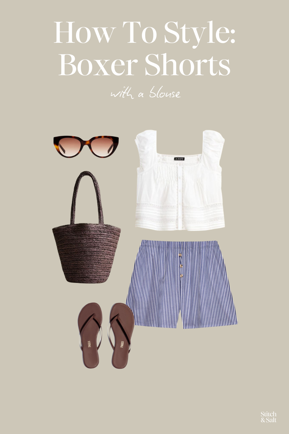 boxer shorts outfit with a white blouse, brown flip flops, brown woven bag, and tortoiseshell sunglasses