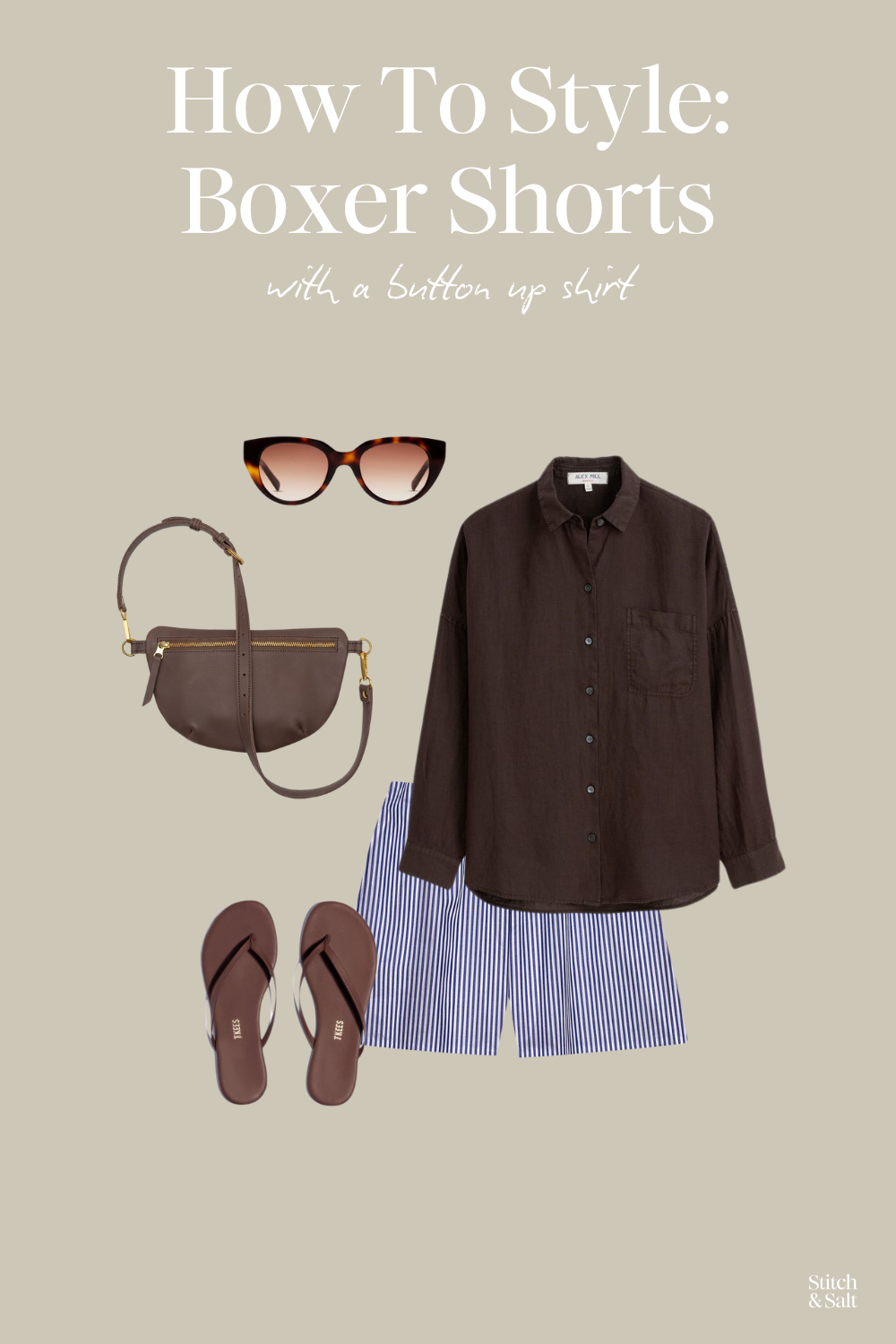 boxer shorts outfit with a brown linen button down, brown sandals, brown sling bag, and tortoiseshell sunglasses