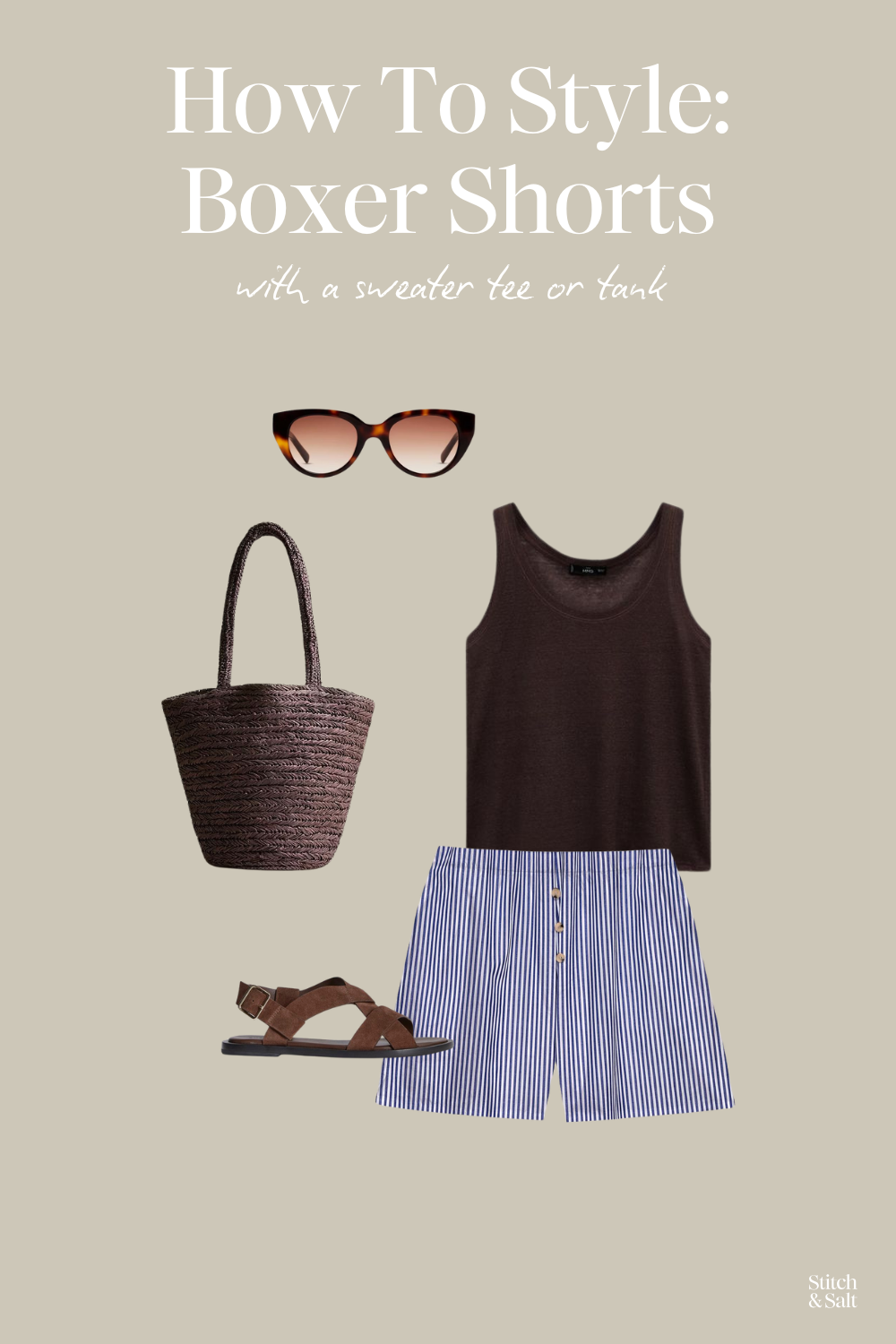 how to style boxer shorts with a brown sweater tank, white and blue striped boxer shorts, brown sandals, a brown woven tote bag, and tortoiseshell sunglasses