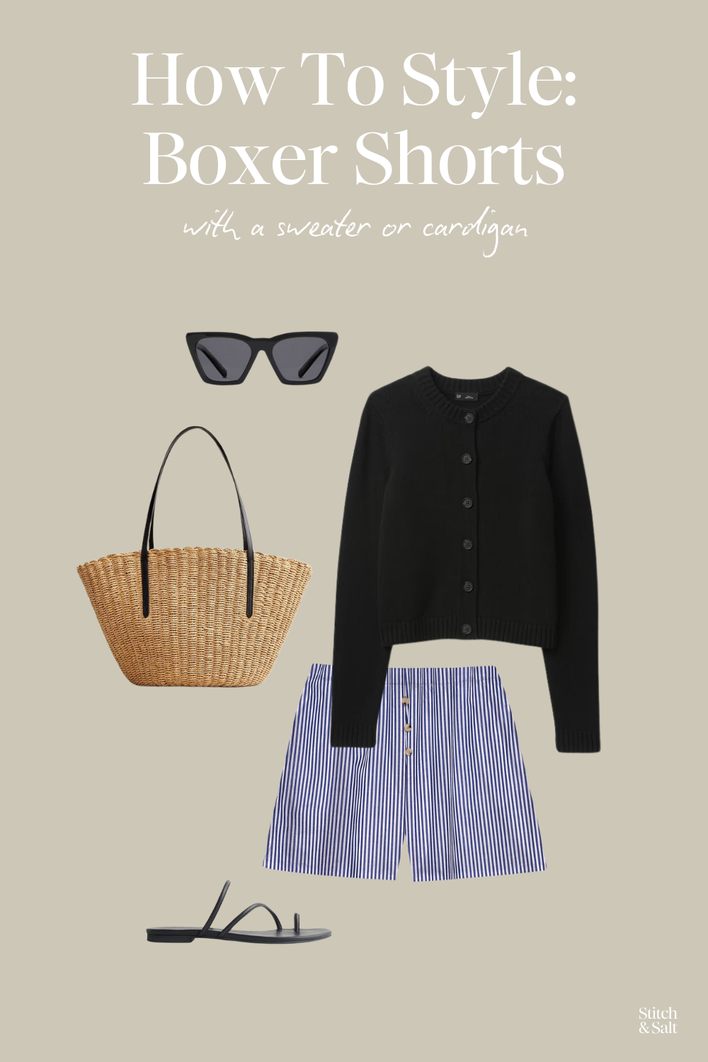 how to style boxer shorts with a black cardigan, blue and white striped boxer shorts, black strappy sandals, and a tan woven tote bag