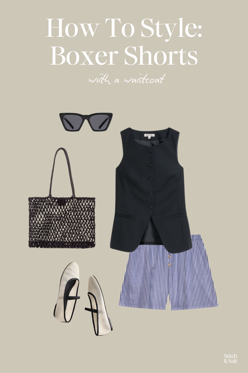 boxer shorts outfit with a black waistcoat, brown and white striped boxer shorts, black strappy sandals, a black rope tote bag, and cat eye sunglasses