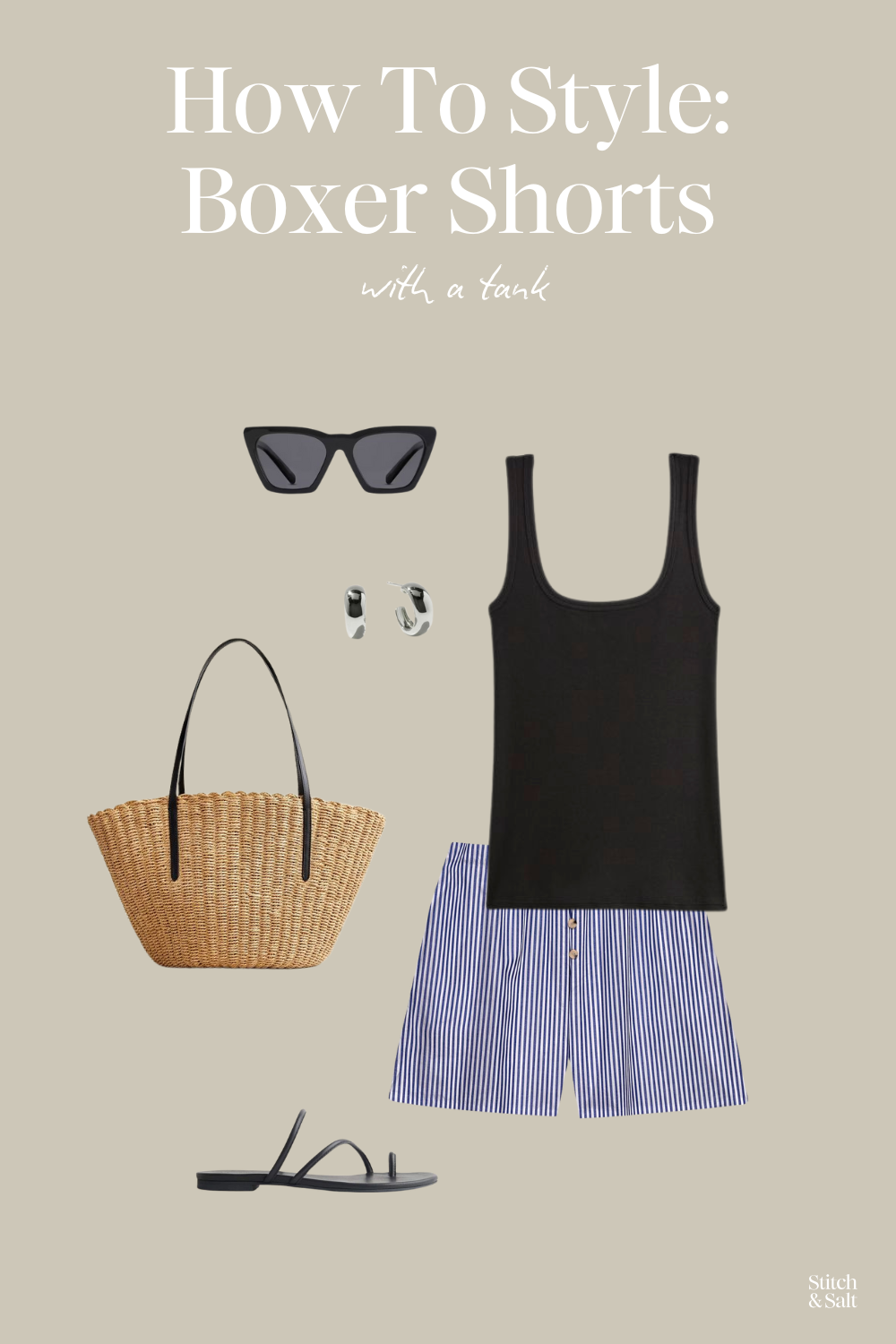 boxer shorts outfit with a blank tank, blue and white striped boxer shorts, black strappy sandals, silver hoop earrings, a tan straw tote bag, and cat eye sunglasses
