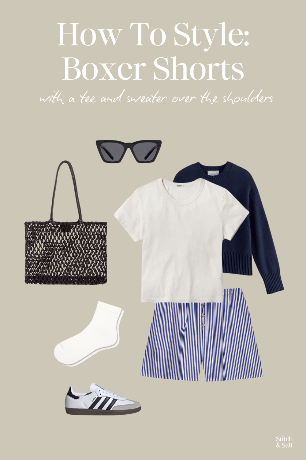 how to style boxer shorts with a white tee, navy sweater worn over the shoulders, low profile sneakers, a black rope tote bag, and black cat eye sunglasses