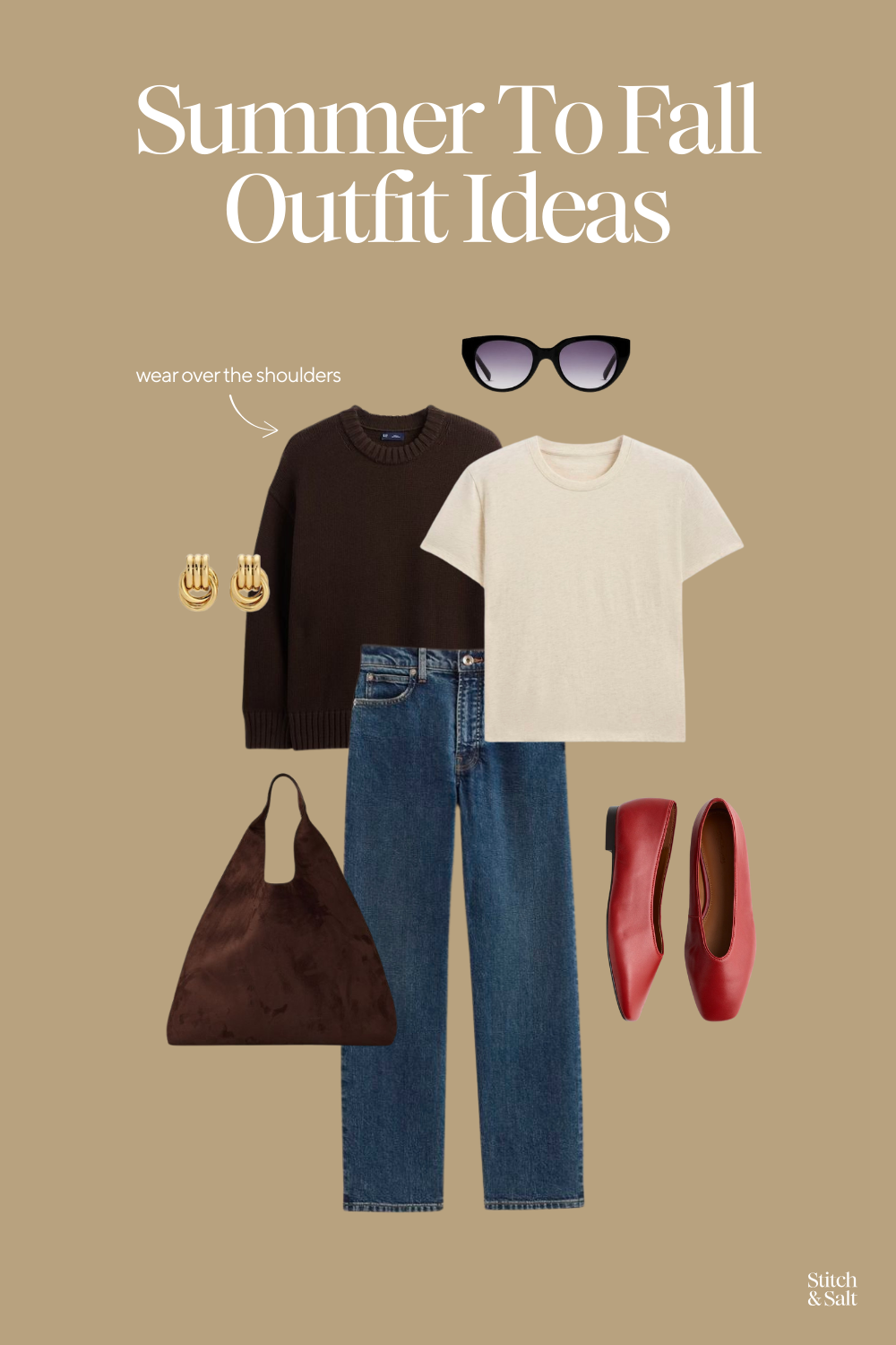 summer to fall outfit idea with a cream tee, brown sweater over the shoulders, medium wash straight denim, red ballet flats, and a brown suede bag