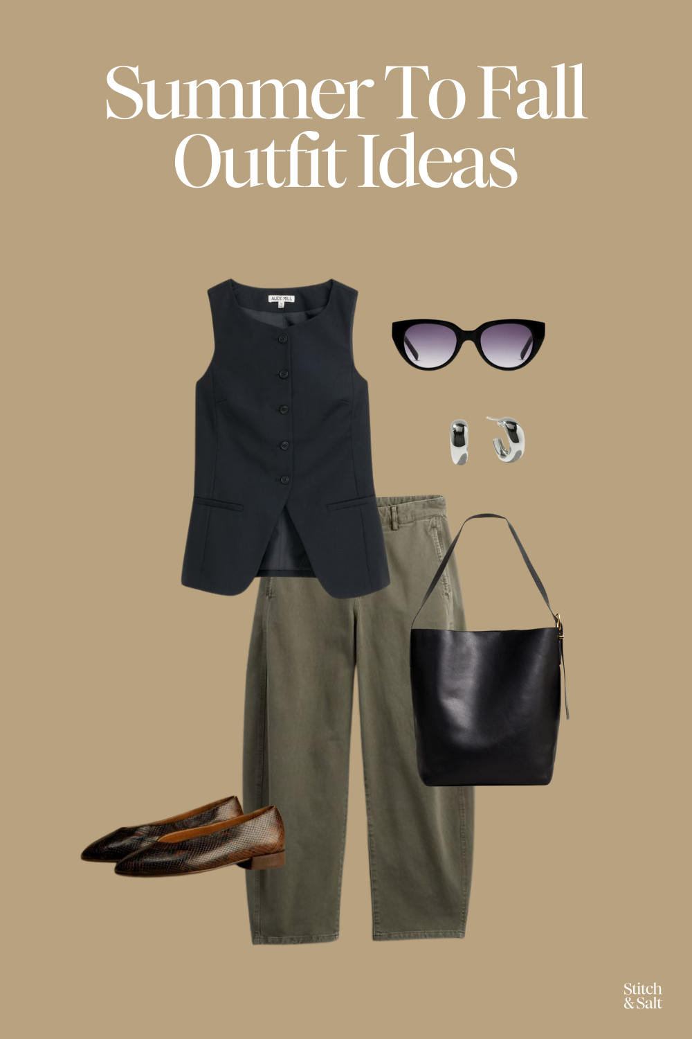 summer to fall outfit with a black vest top, green barrel pants, python print ballet flats, silver hoop earrings, and cat eye sunglasses