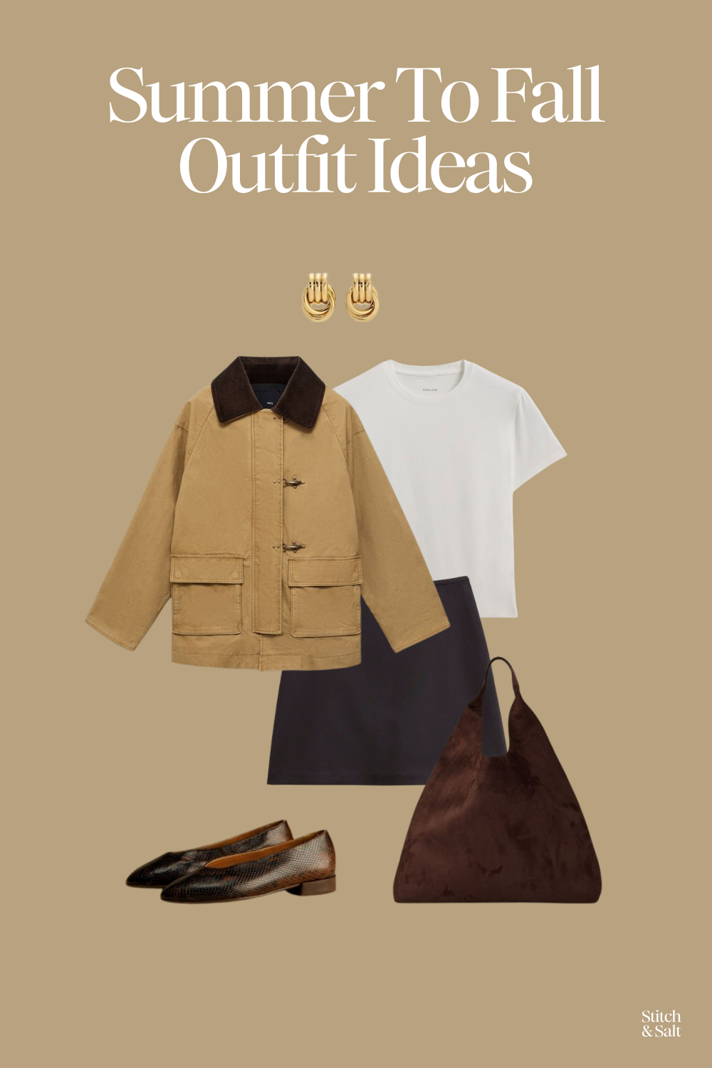 summer to fall outfit idea with a white tee, tan barn jacket, black mini skirt, faux suede brown slouchy tote bag, and python print ballet flats