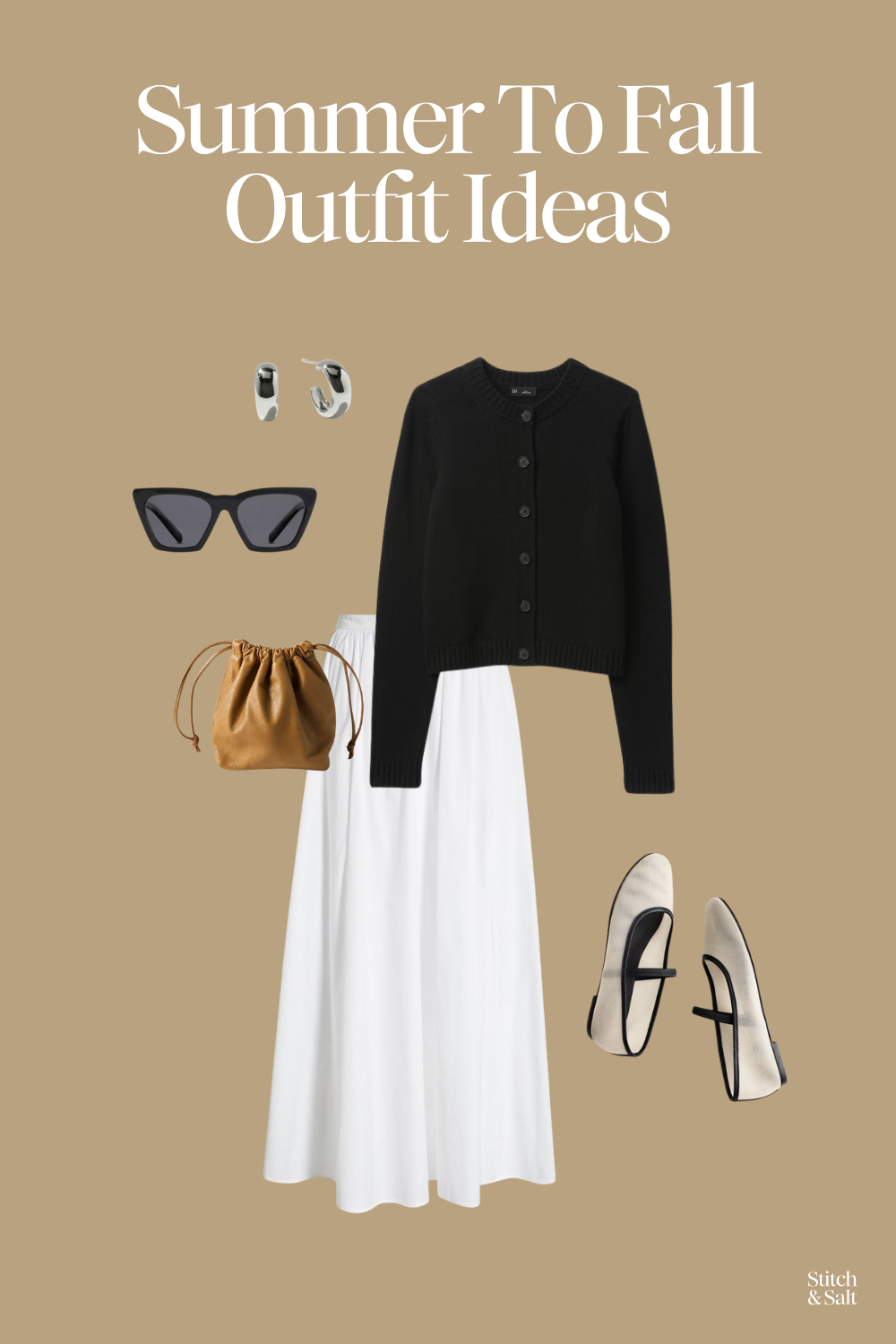 summer to fall transitional outfit with a black cardigan sweater, white maxi skirt, mesh ballet flats, brown leather clutch bag, cat eye sunglasses, and silver hoop earrings