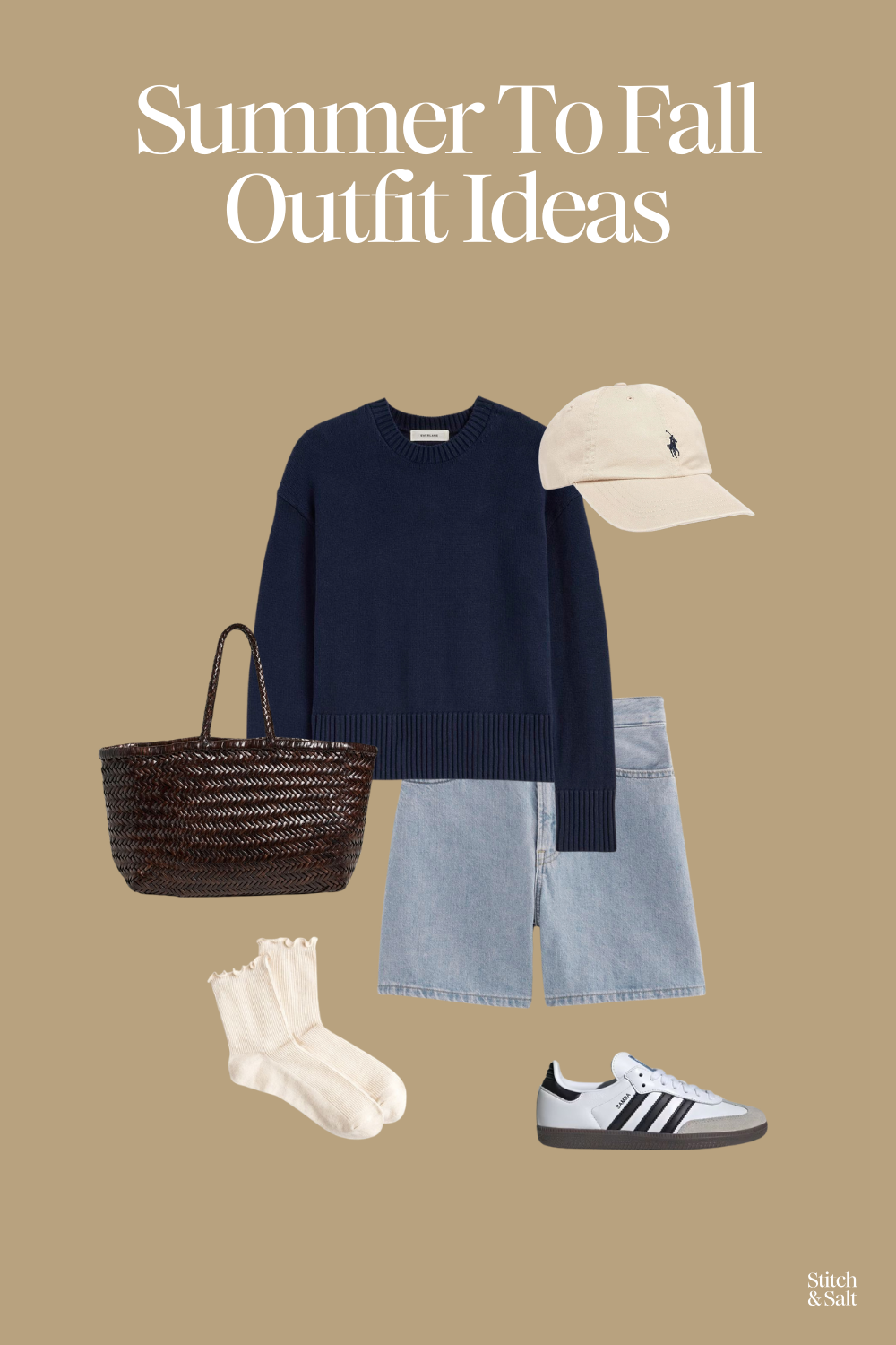 summer to fall outfit idea with a navy sweater, light wash denim shorts, Adidas sambas sneakers and ruffle crew socks, and a Polo Ralph Lauren baseball cap