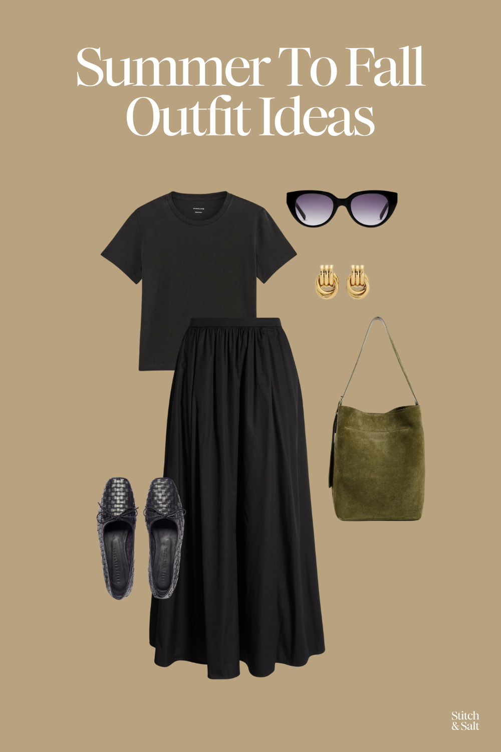summer to fall outfit idea with a black tee, black maxi skirt, black woven ballet flats, olive green suede tote bag, gold knot earrings, and cat eye sunglasses