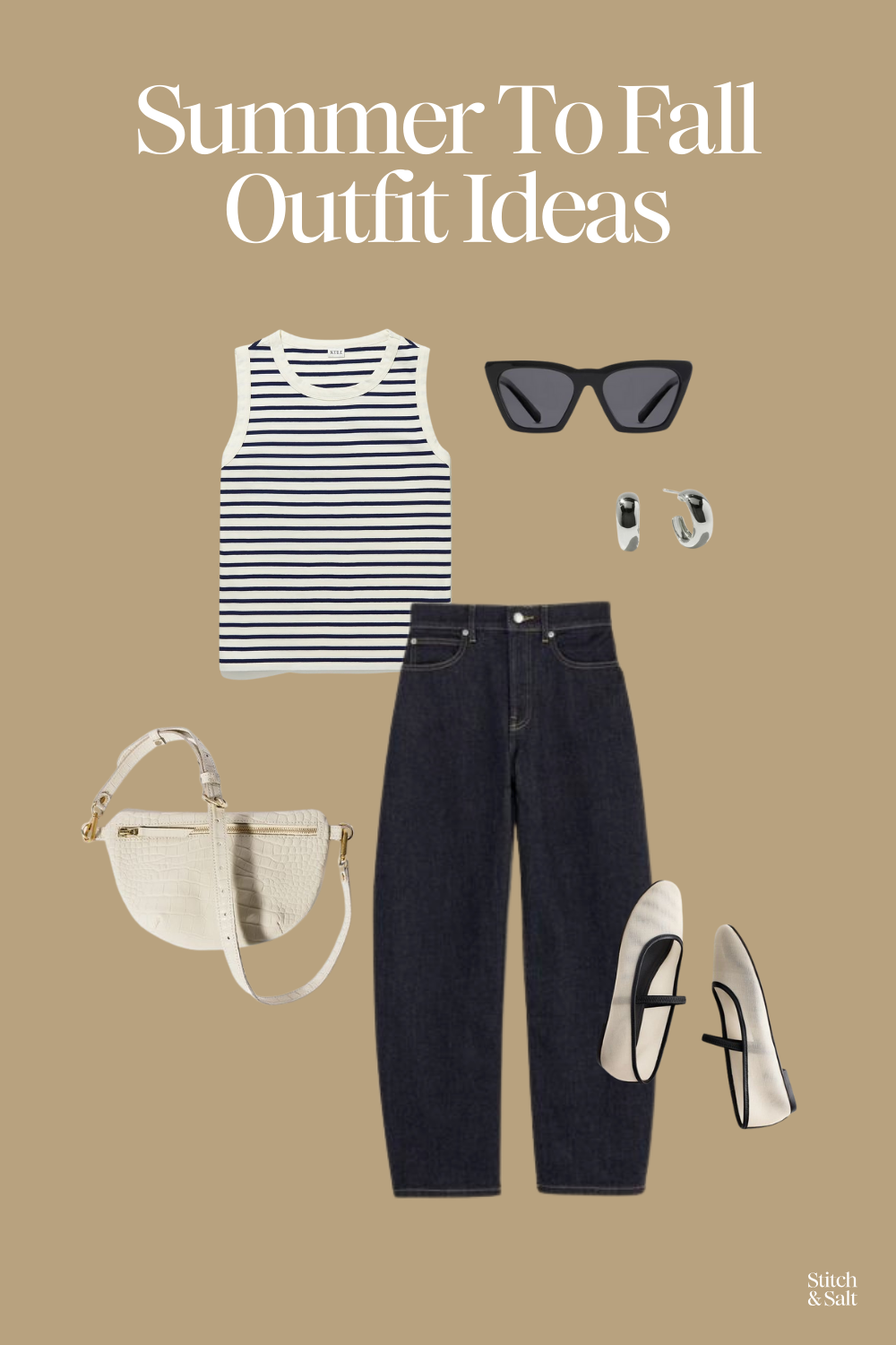 summer to fall transitional outfit with a striped tank, black barrel leg jeans, mesh ballet flats, a croco print sling bag, sunglasses, and silver hoop earrings