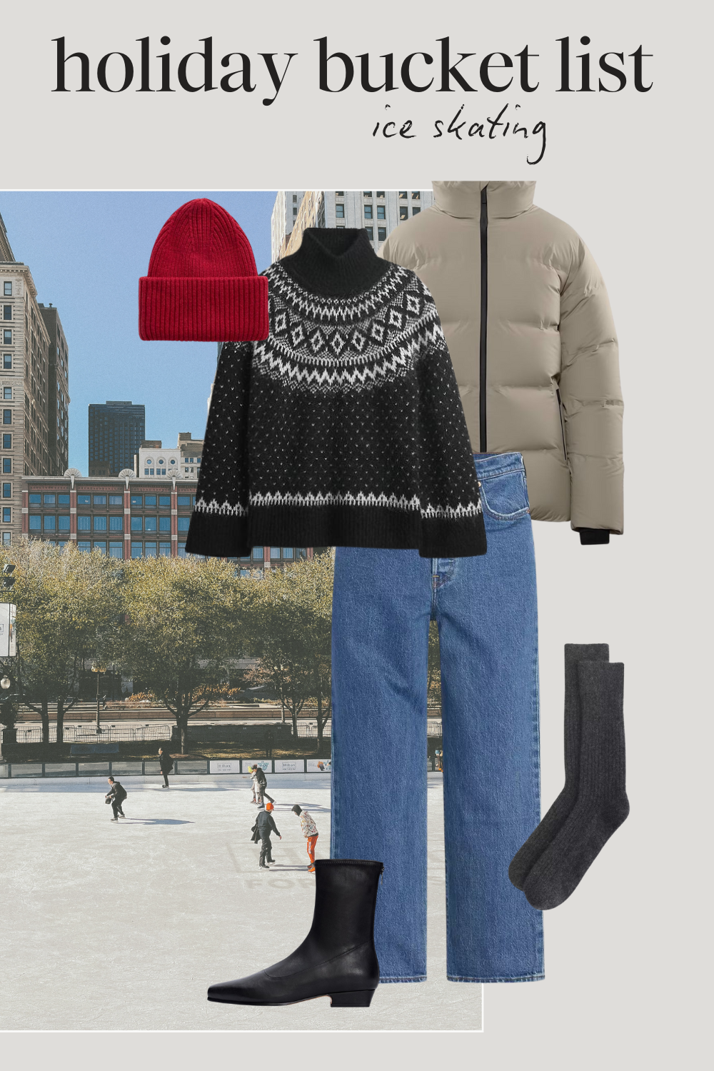 holiday outfit with a black an white fair isle sweater, cropped taupe puffer coat, medium wash straight leg denim, gray socks, black boots, and a red beanie
