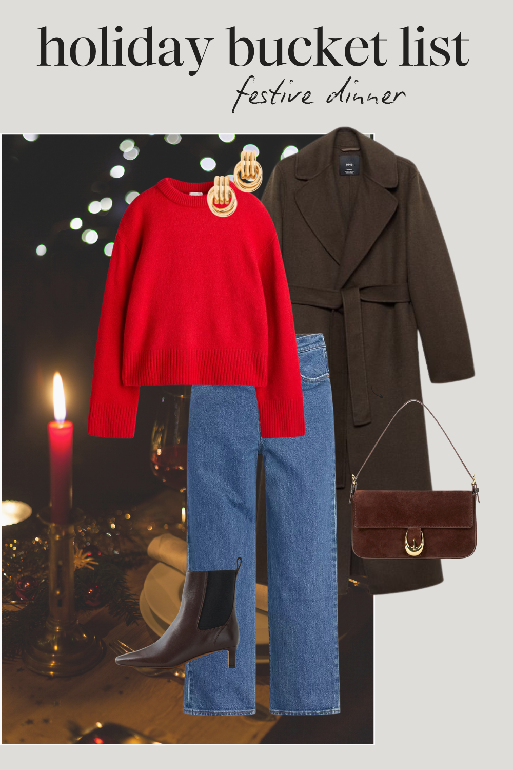 holiday outfit with a red sweater, green wool long line coat, medium wash straight leg denim, brown heeled ankle boots, a brown shoulder bag, and gold knot earrings