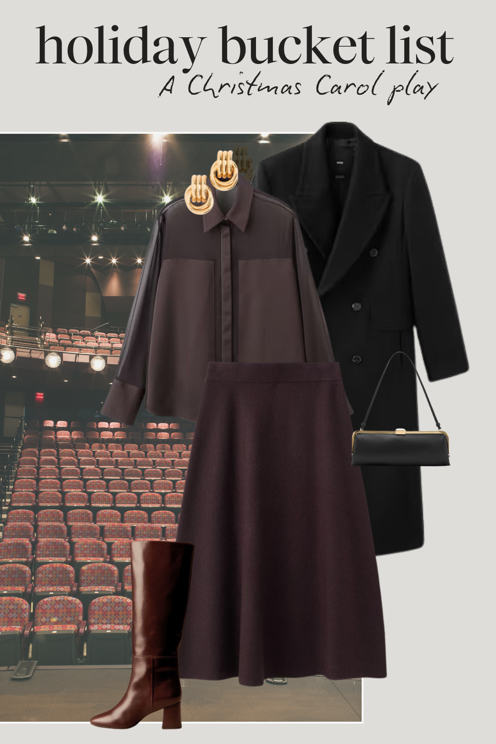 holiday outfit with a brown blouse, wine colored knit skirt, long black wool coat, brown knee high boots, gold knot earrings, and black shoulder bag