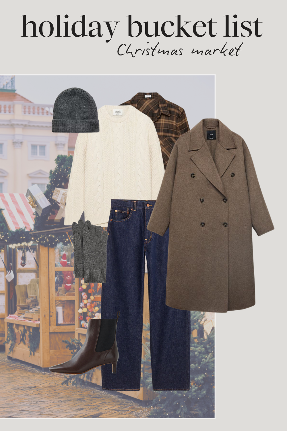 holiday outfit with a plaid shirt, cream cable knit sweater, taupe long line wool coat, indigo jeans, brown heeled ankle boots, and gray cashmere gloves and beanie