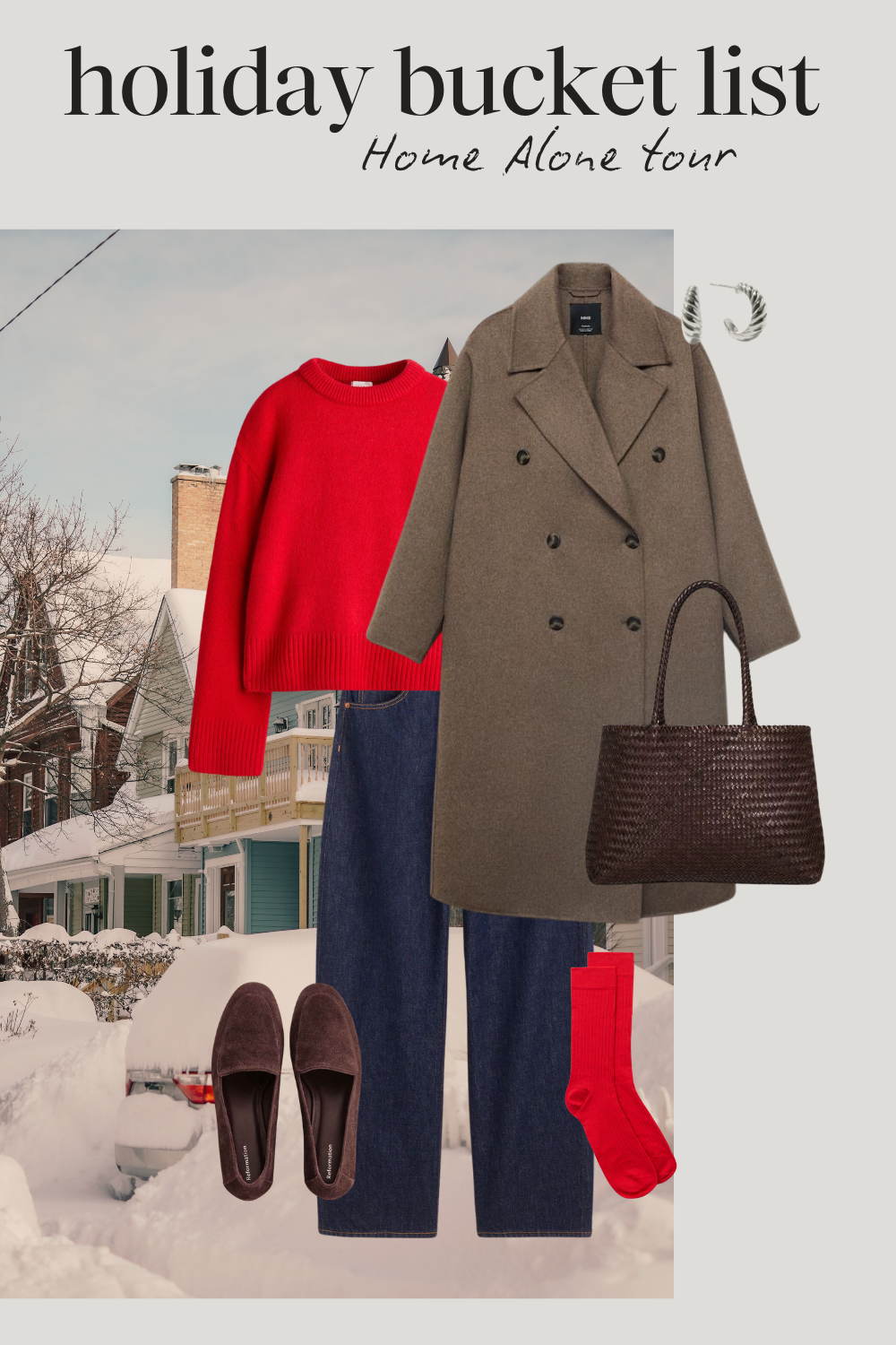 holiday outfit with a red sweater, taupe long wool coat, indigo jeans, red socks, brown suede loafers, and a woven tote bag