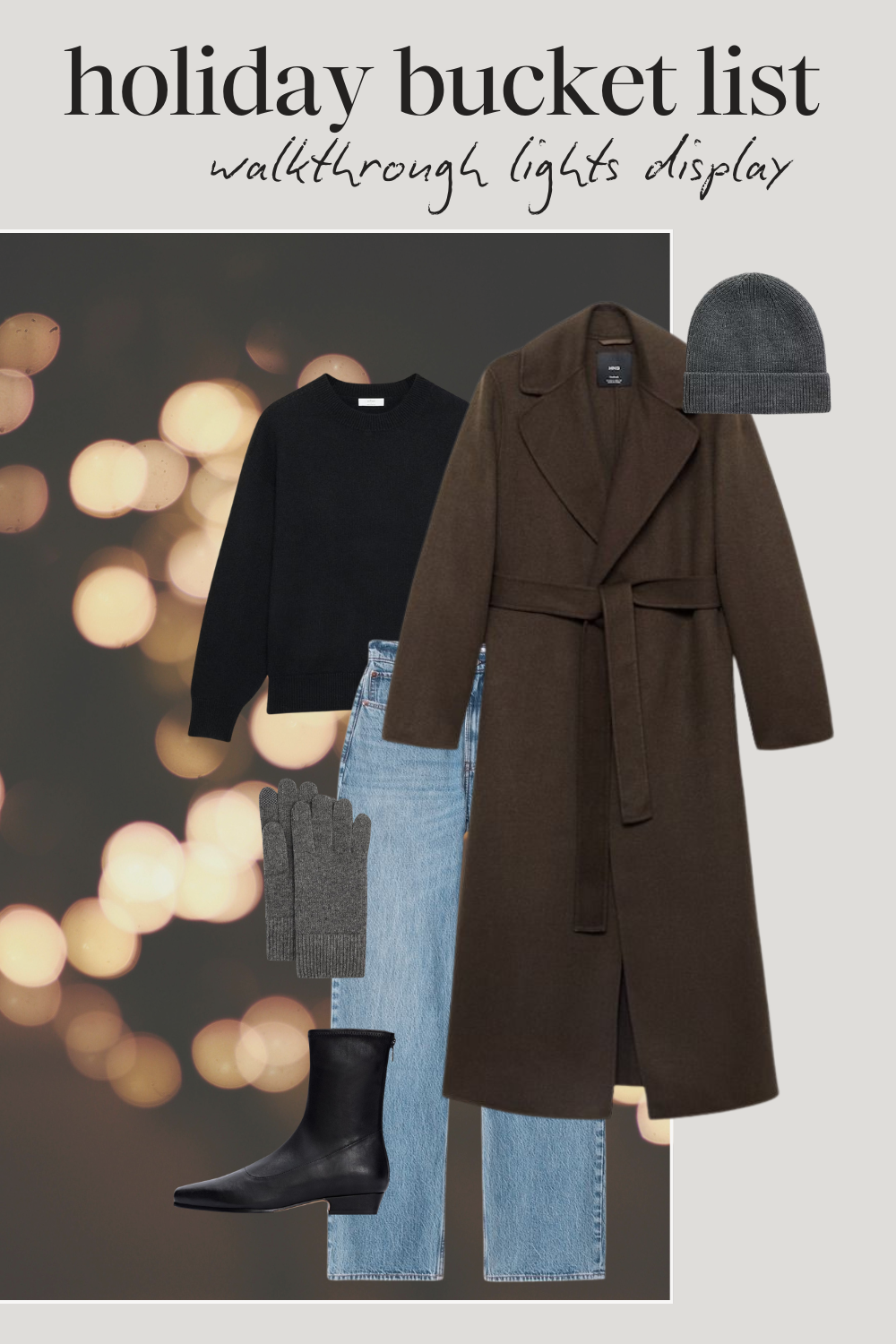 holiday outfit with a black sweater, green wool coat, light wash denim, black boots, and cashmere gloves and beanie