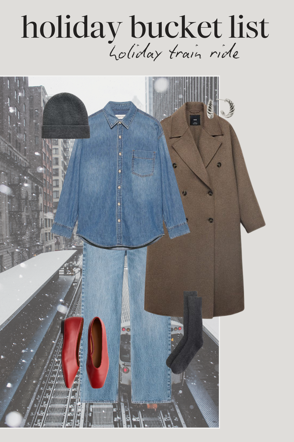 holiday outfit with a denim button down, taupe wool coat, light wash jeans, gray socks, red ballet flats, and a gray cashmere beanie