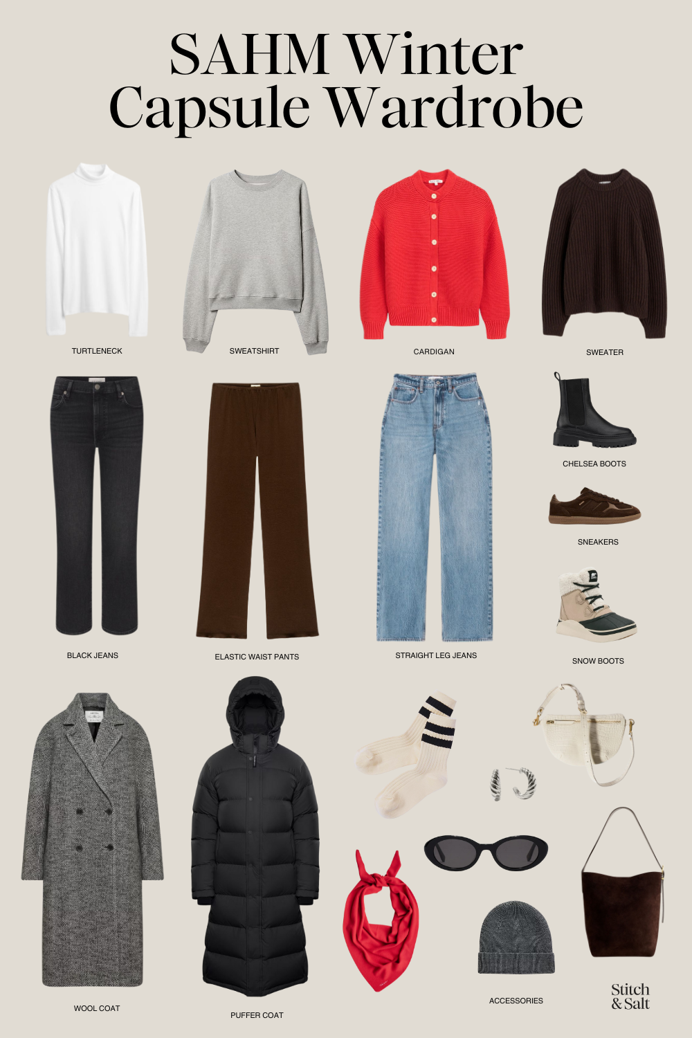 a twelve piece stay-at-home mom winter capsule wardrobe with accessories
