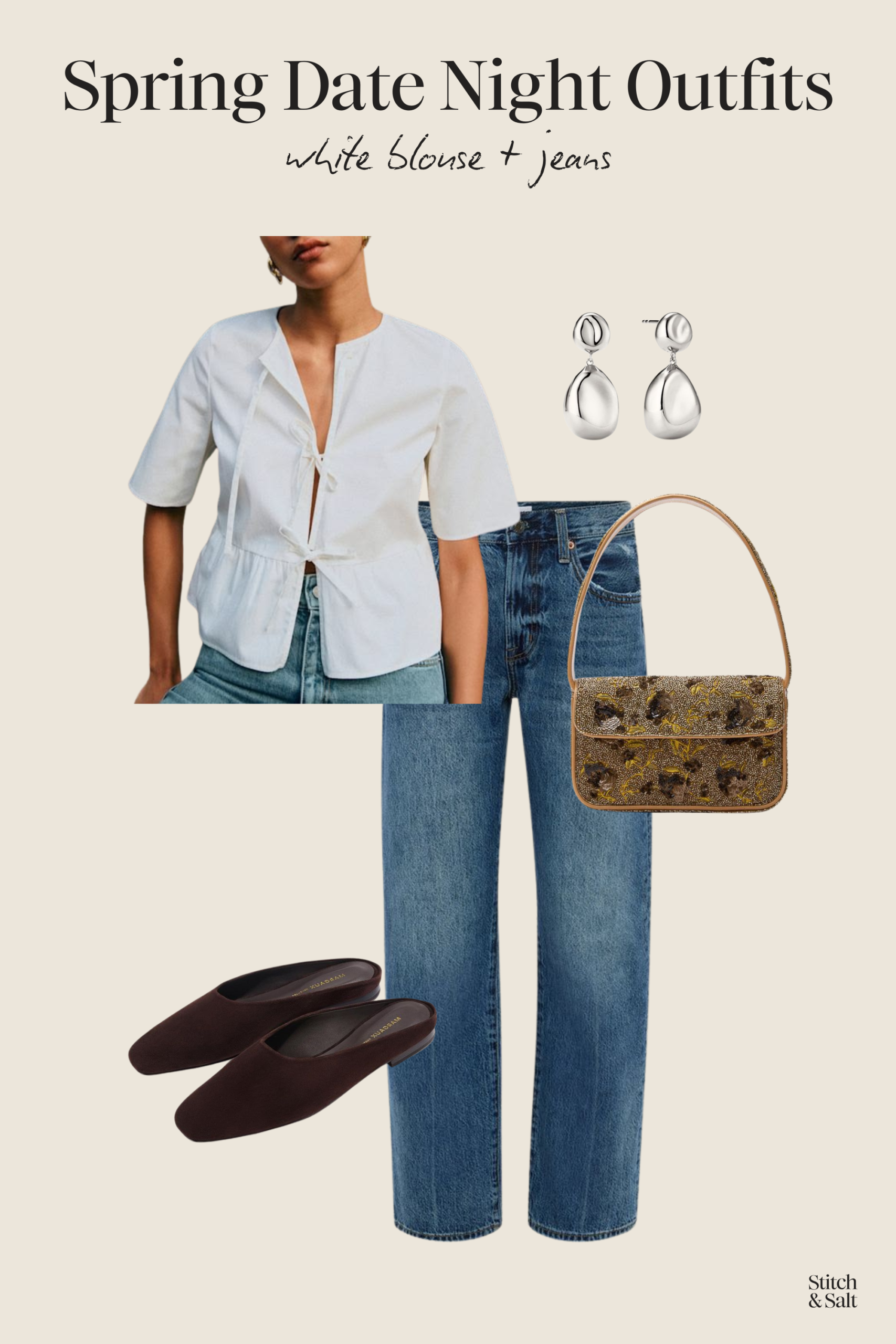 casual spring date night outfit with a white blouse, jeans, brown suede flats, a patterned shoulder bag, and silver drop earrings