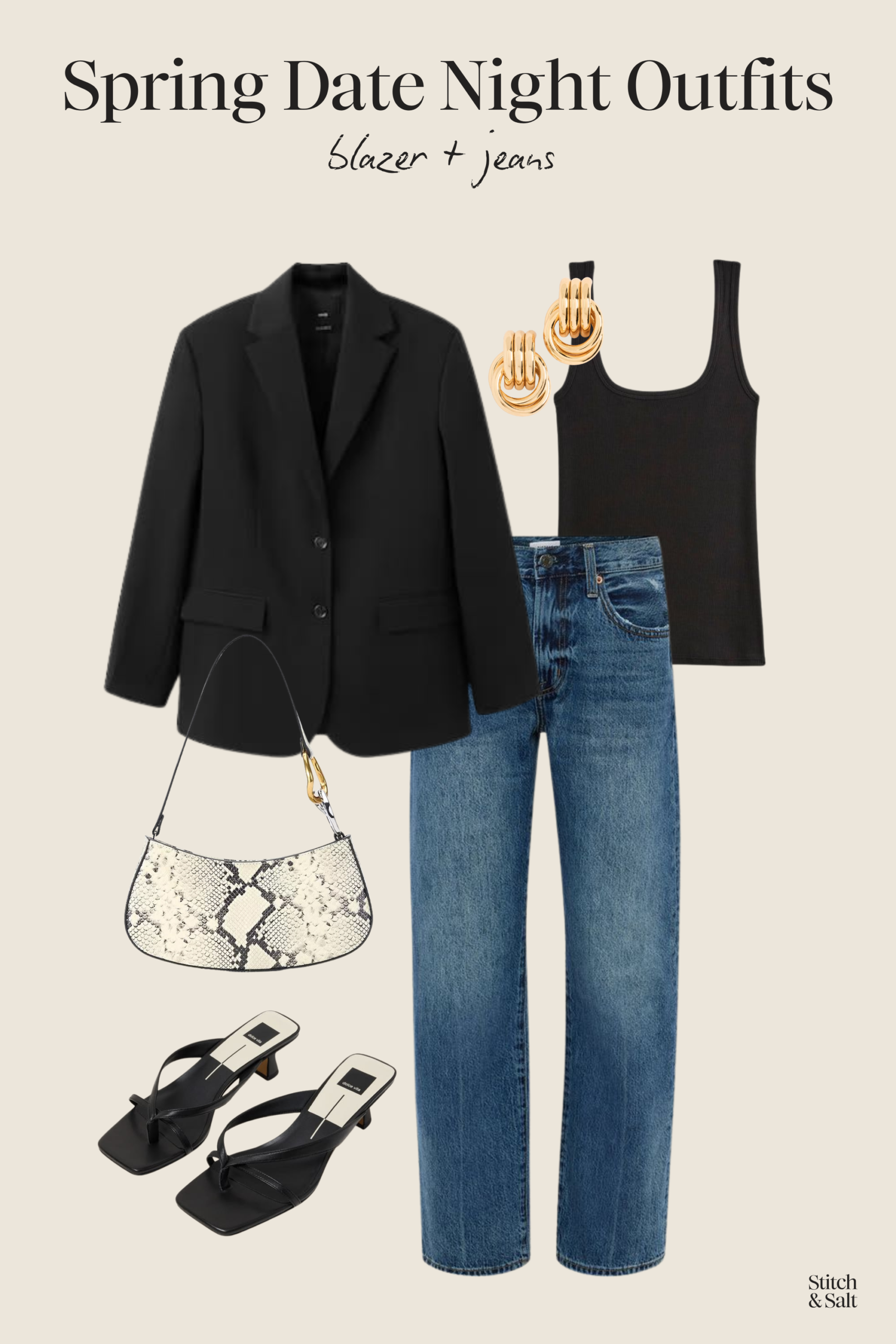 spring date night outfit idea with a black tank, black blazer, jeans, black heeled sandals, a snakeskin print shoulder bag, and gold knot earrings