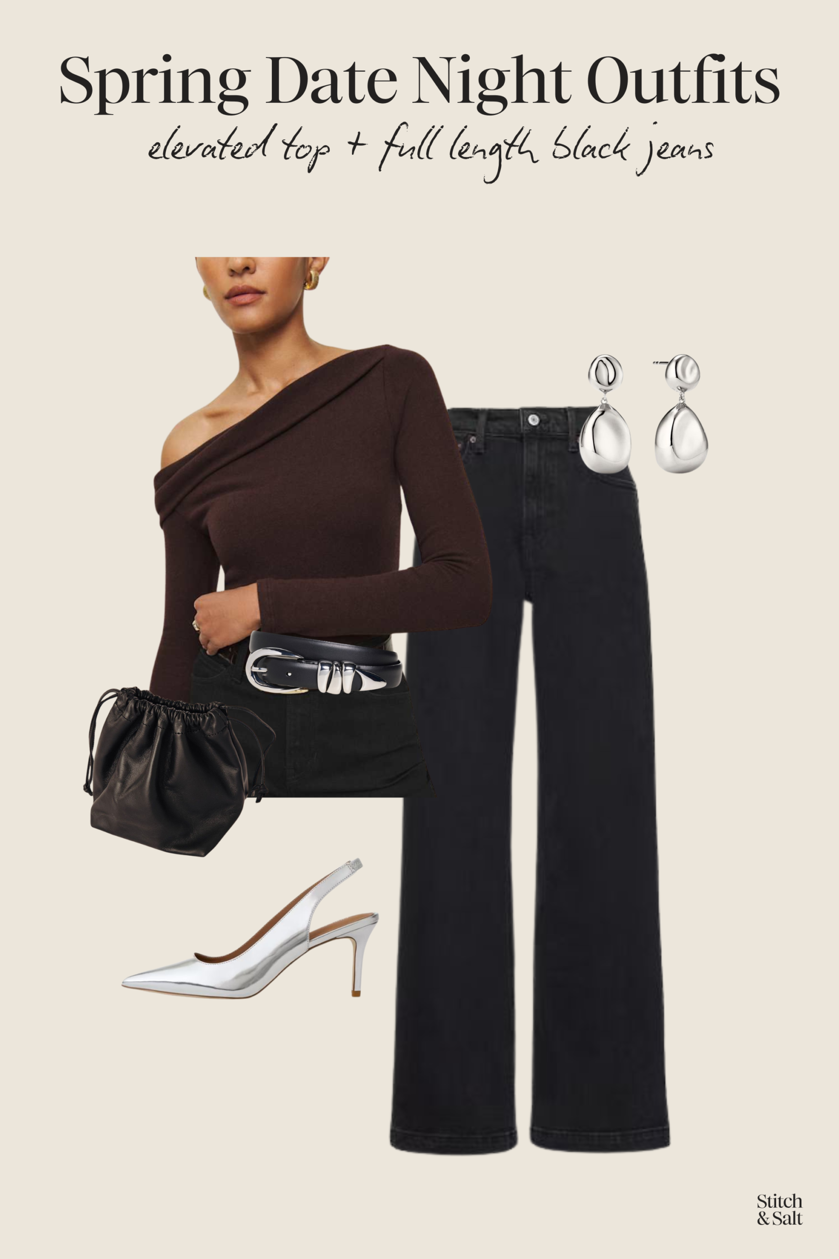 spring date night outfit with a brown off the shoulder top, black full length jeans, silver slingback pumps, a black belt with silver hardware, silver drop earrings, and a black leather clutch bag