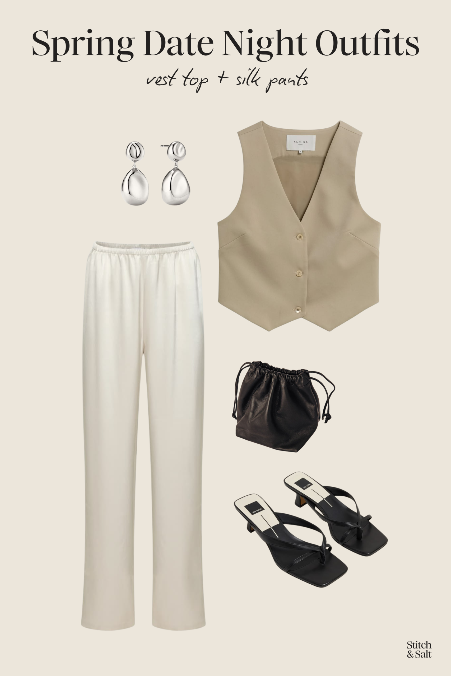 spring date night outfit with a tan vest top, ivory silk pants, black heeled sandals, a black leather clutch bag, and silver drop earrings
