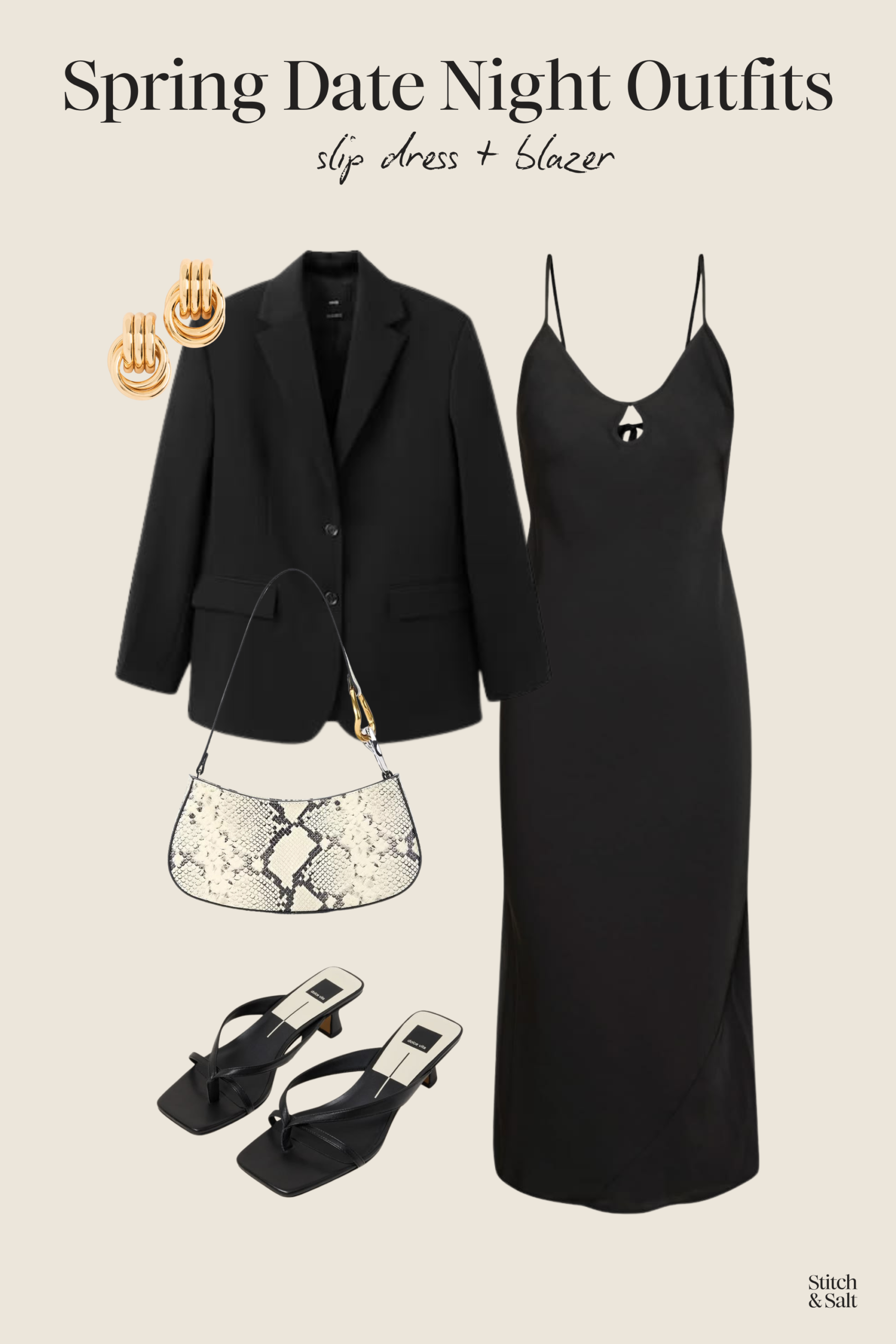 fancy spring date night outfit with a black slip dress, black blazer, black heeled sandals, snakeskin print shoulder bag, and gold knot earrings