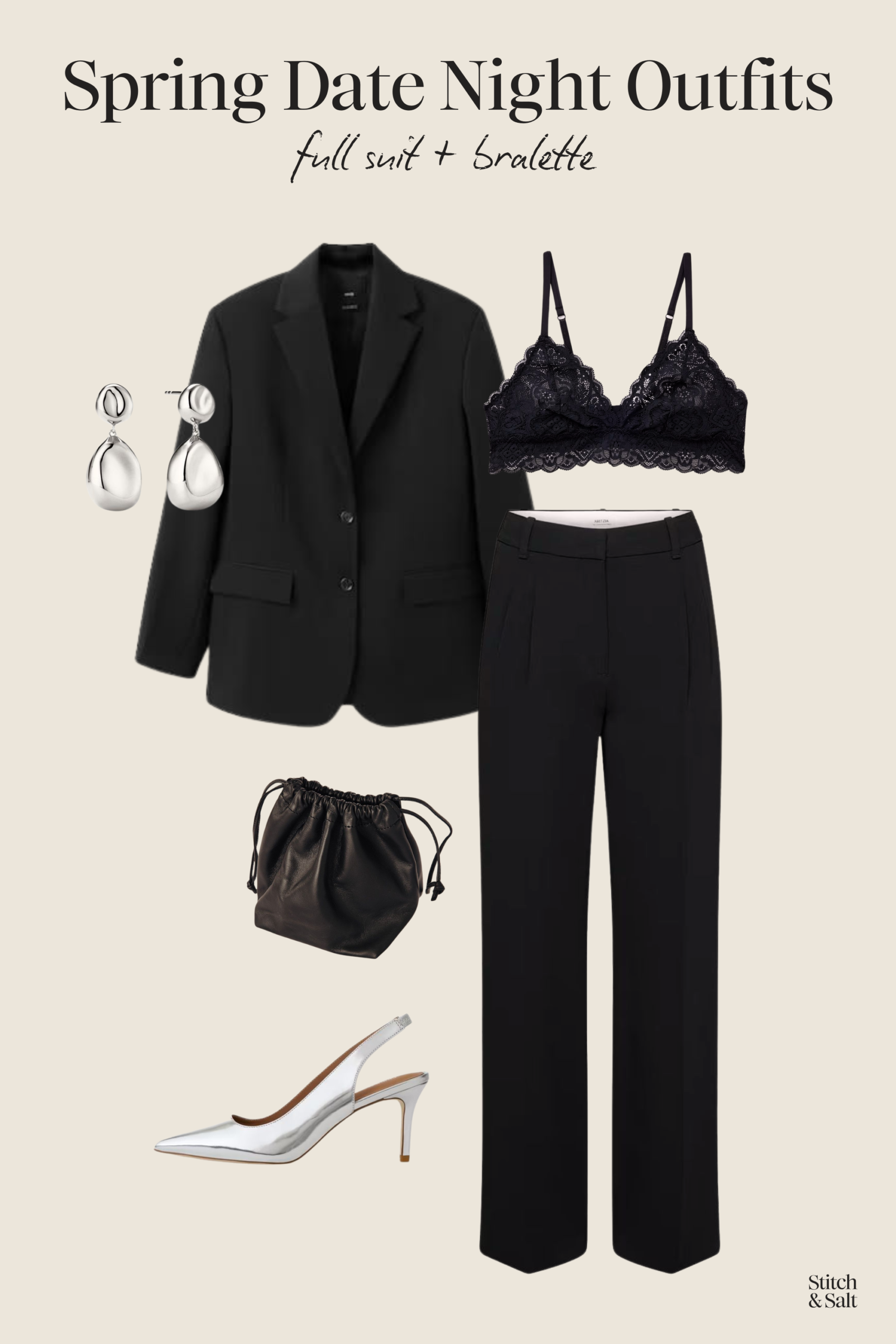 spring date night outfit with a black suit, bralette, silver slingback pumps, and a black clutch bag