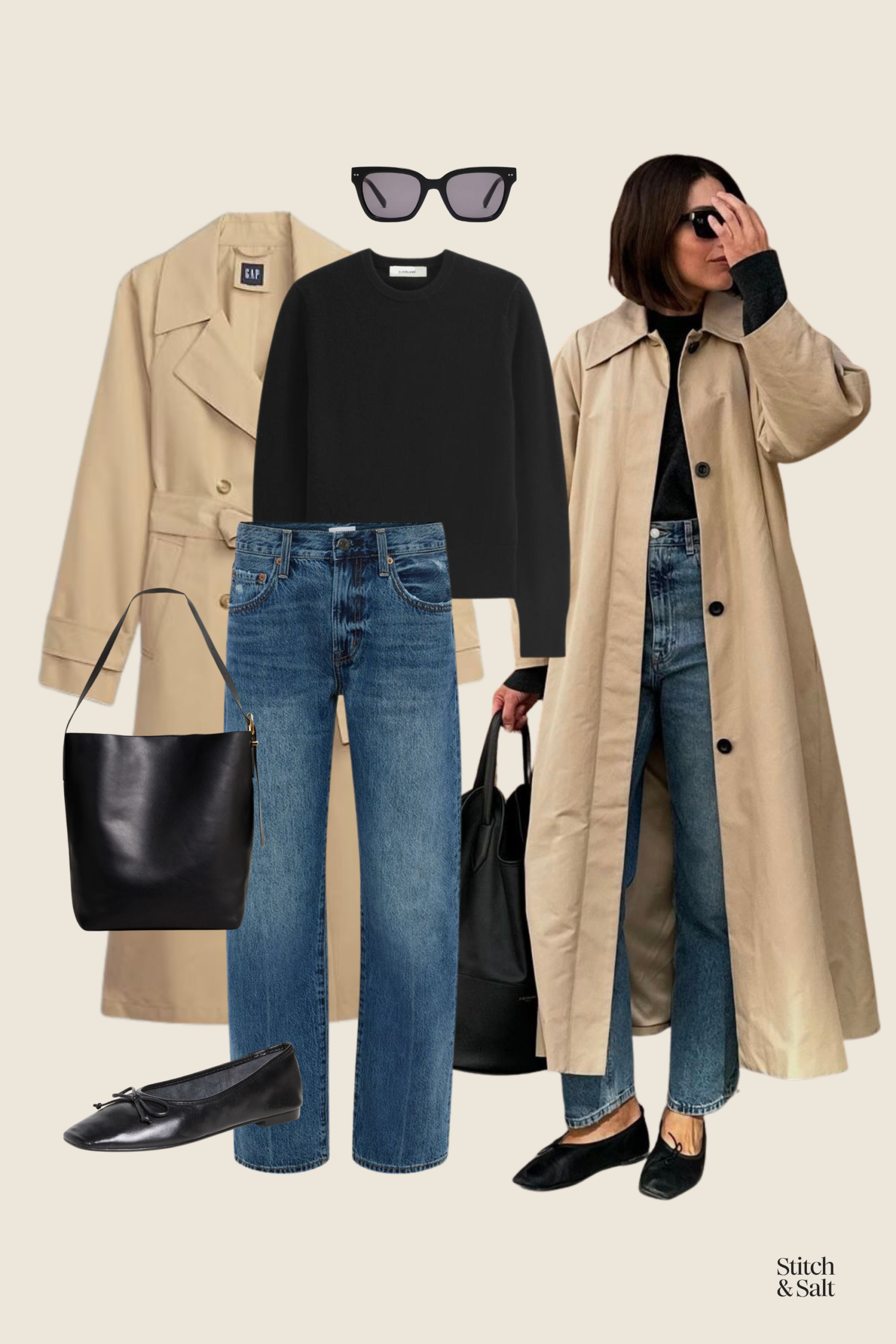winter to spring outfit with a black sweater, long tan trench coat, dark wash jeans, and black ballet flats