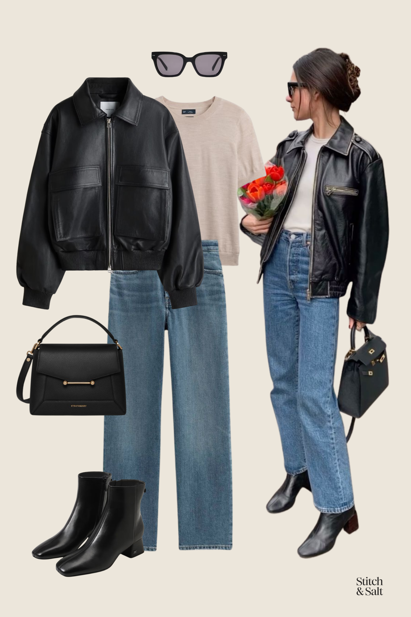 early spring outfit idea with a beige sweater tee, black leather jacket, medium wash straight leg jeans, and black block heel ankle boots