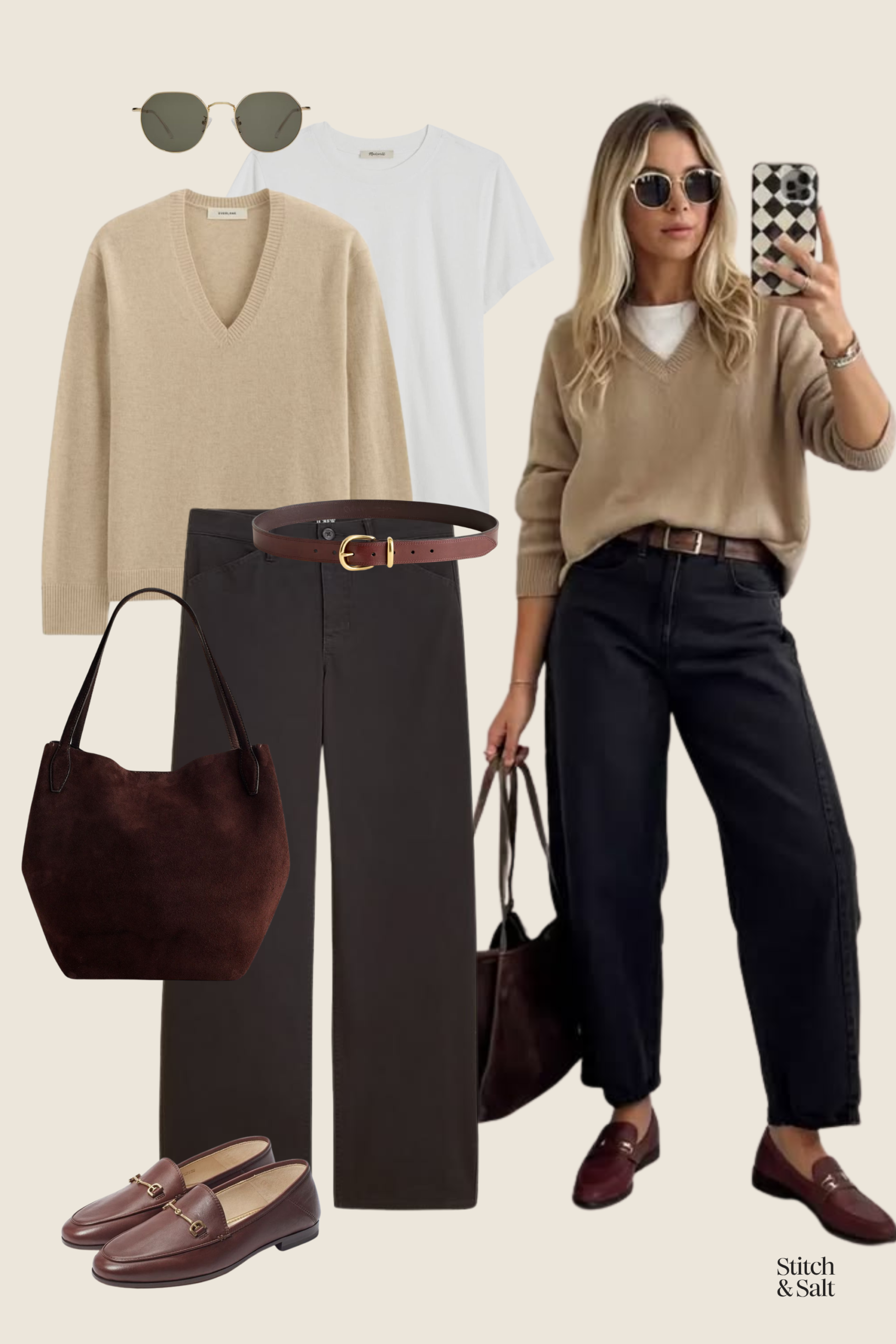 spring outfit idea with a white tee, tan v-neck sweater, black barrel leg pants, and brown loafers