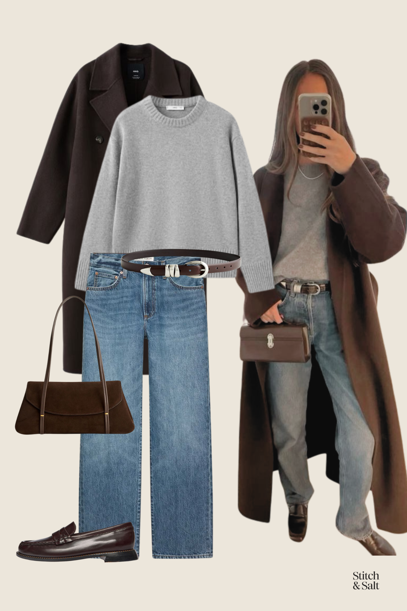 winter to spring outfit with a gray sweater, brown wool coat, relaxed fit jeans, and brown loafers