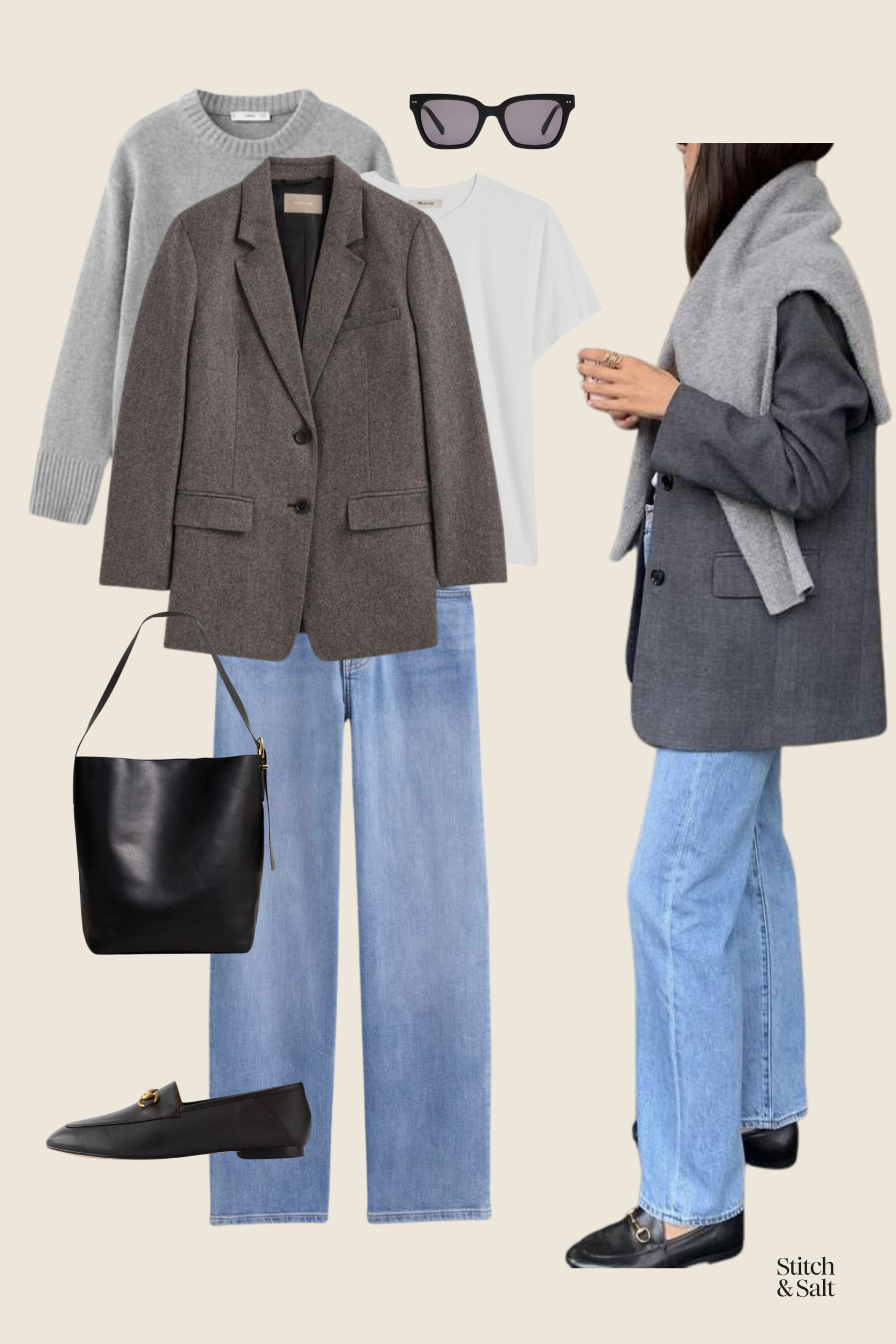 spring outfit idea with a white tee, gray blazer, gray sweater over the shoulders, light wash straight leg jeans, and black loafers