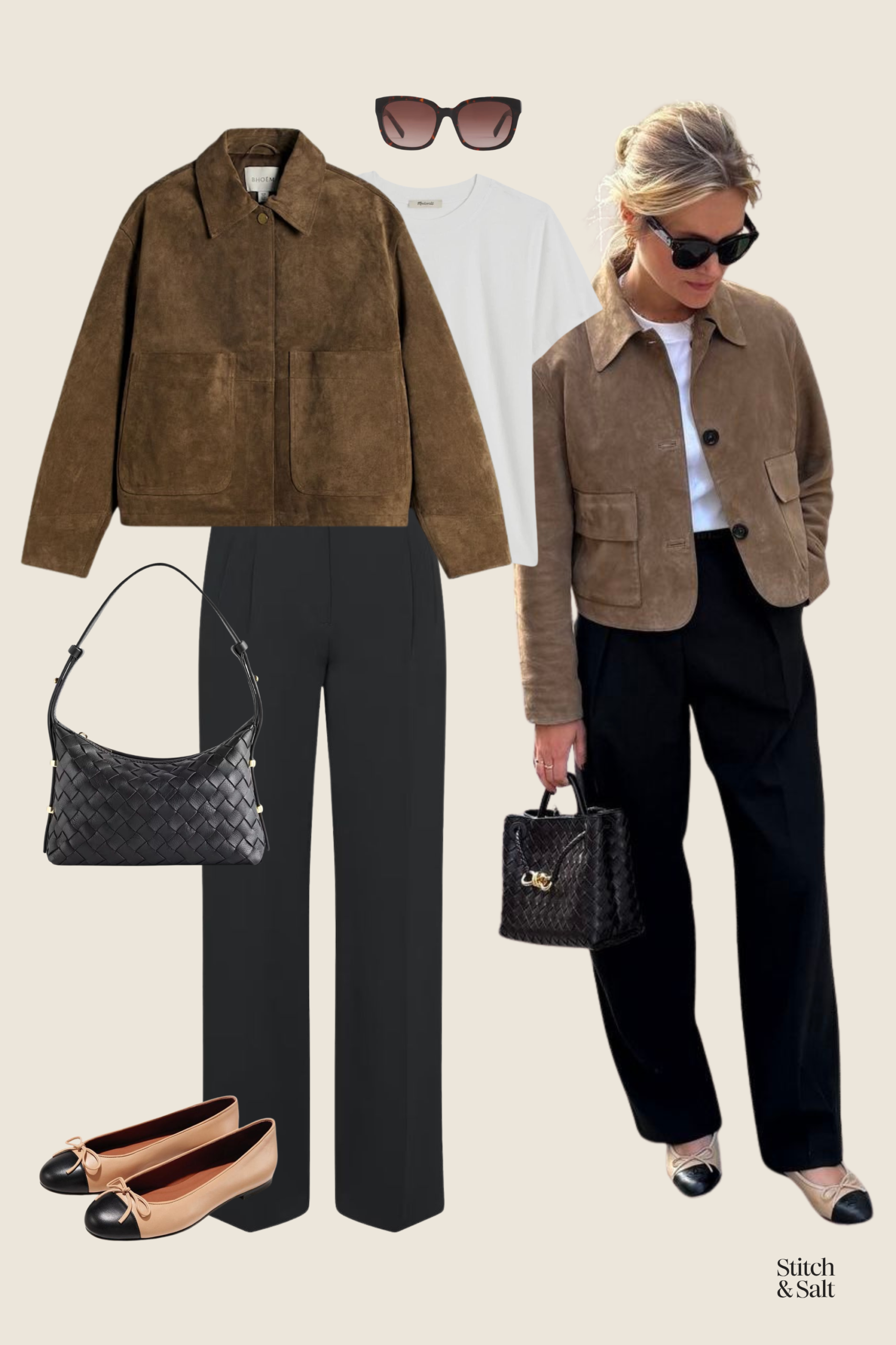 early spring outfit with a white tee, suede jacket, black trousers, and cap toe ballet flats