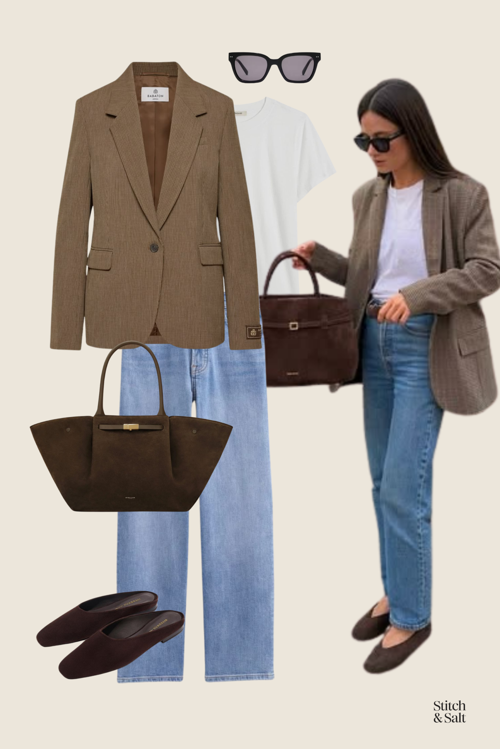 spring outfit idea with a white tee, brown herringbone blazer, light wash jeans, and brown ballet flats