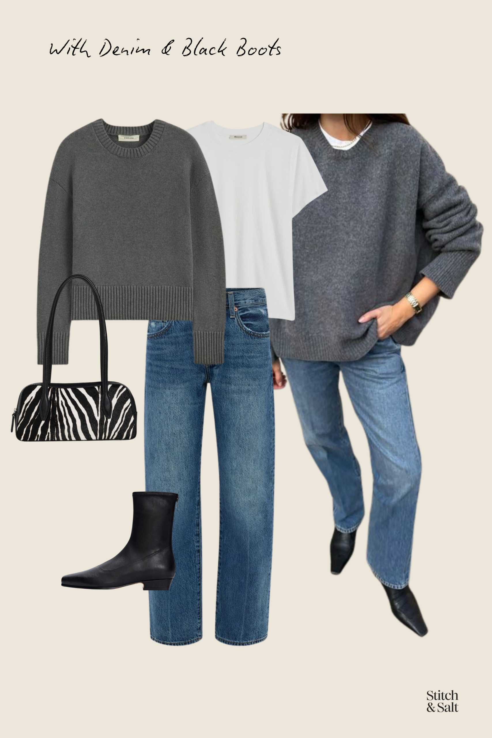 gray sweater outfit with jeans and black boots