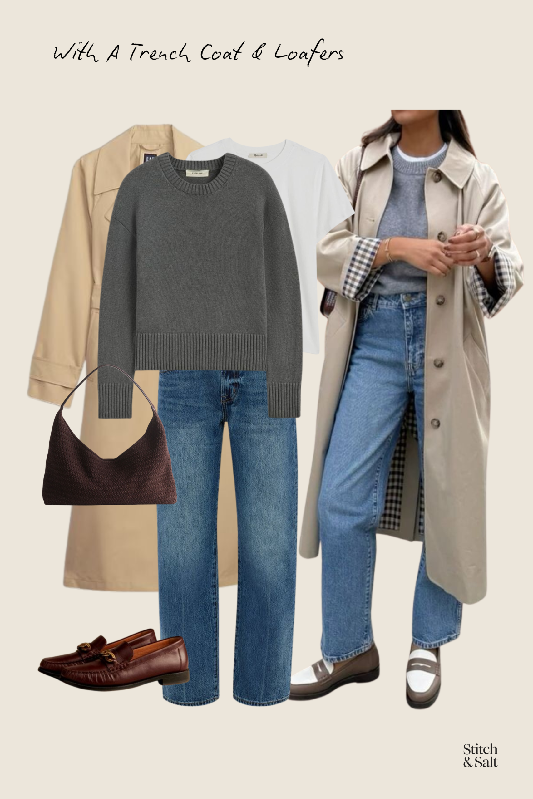 spring outfit with a gray sweater, trench coat, jeans, and loafers