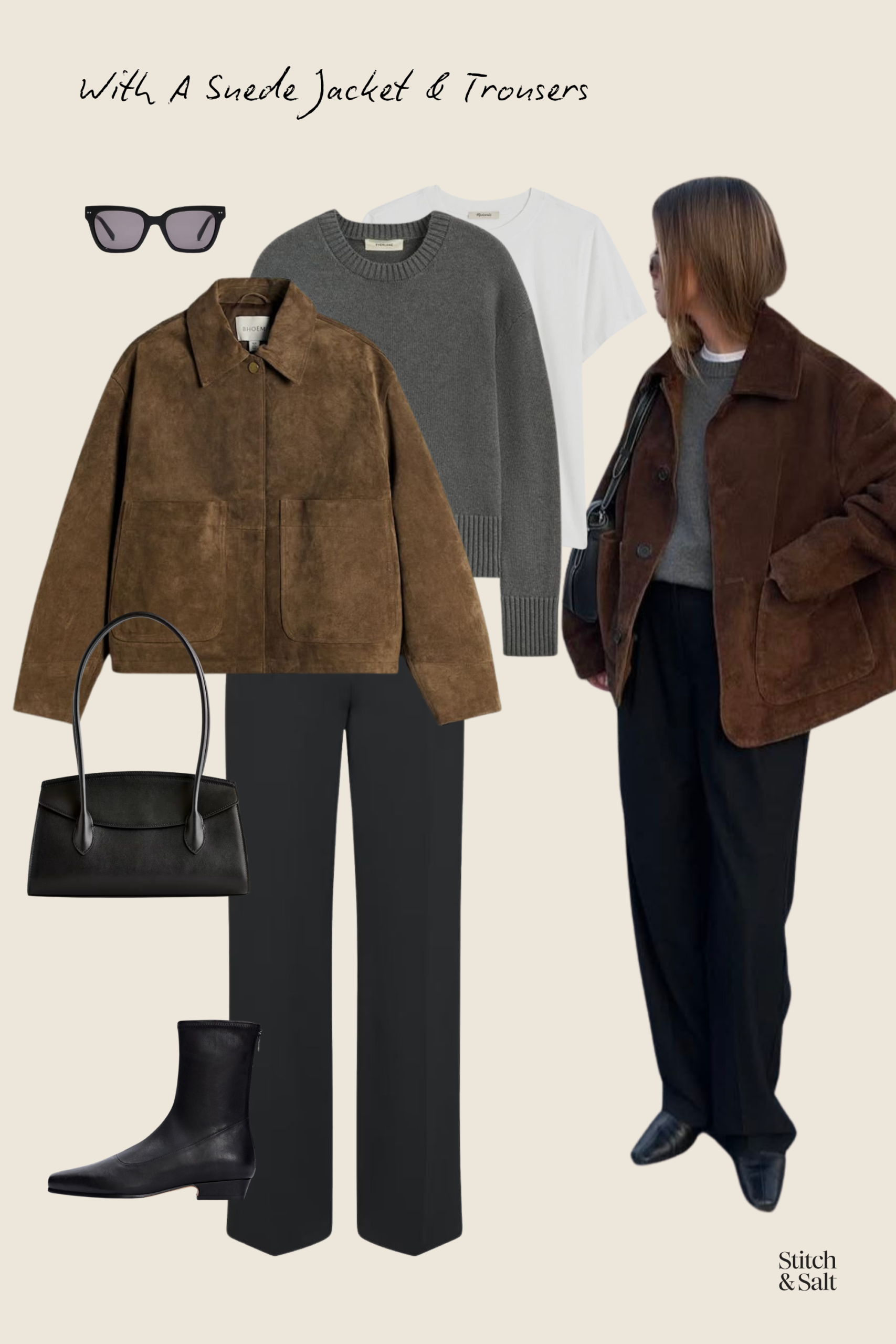 gray sweater outfit idea with a suede jacket, black trousers, and black boots