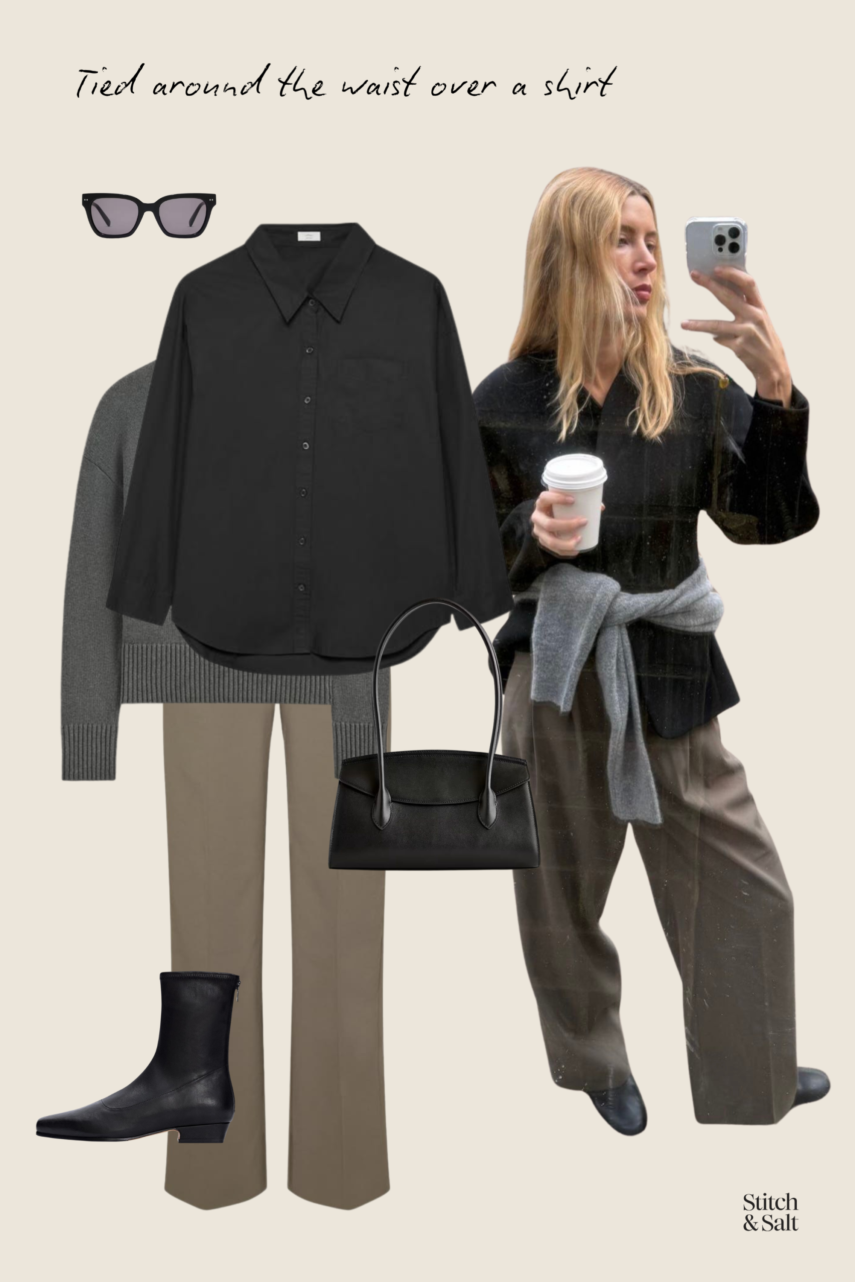 spring outfit idea with a black button down, taupe trousers, black flats, and a gray sweater tied at the waist