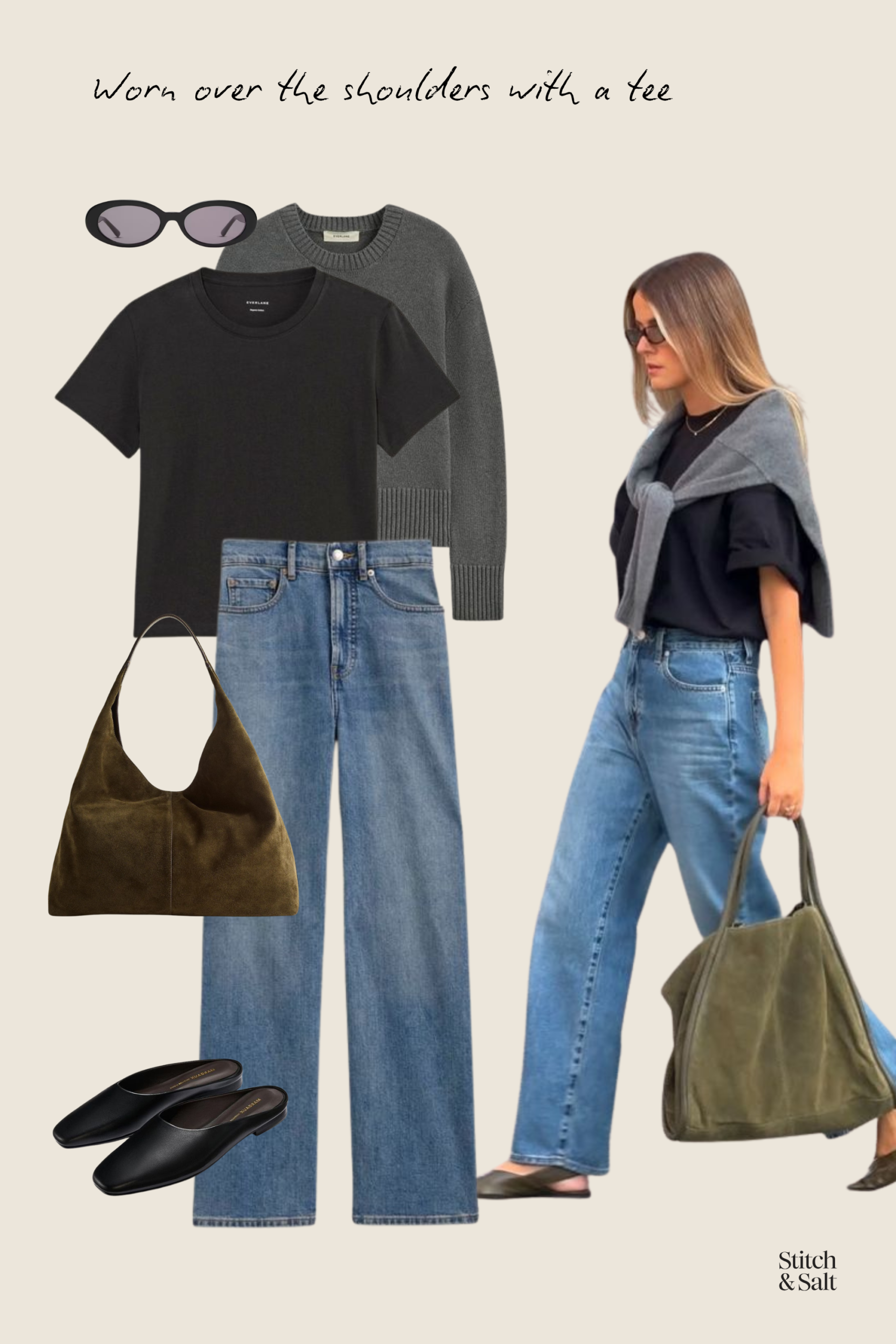 chic spring outfit with a black tee, medium wash wide leg jeans, sling back flats, and a gray sweater worn over the shoulders