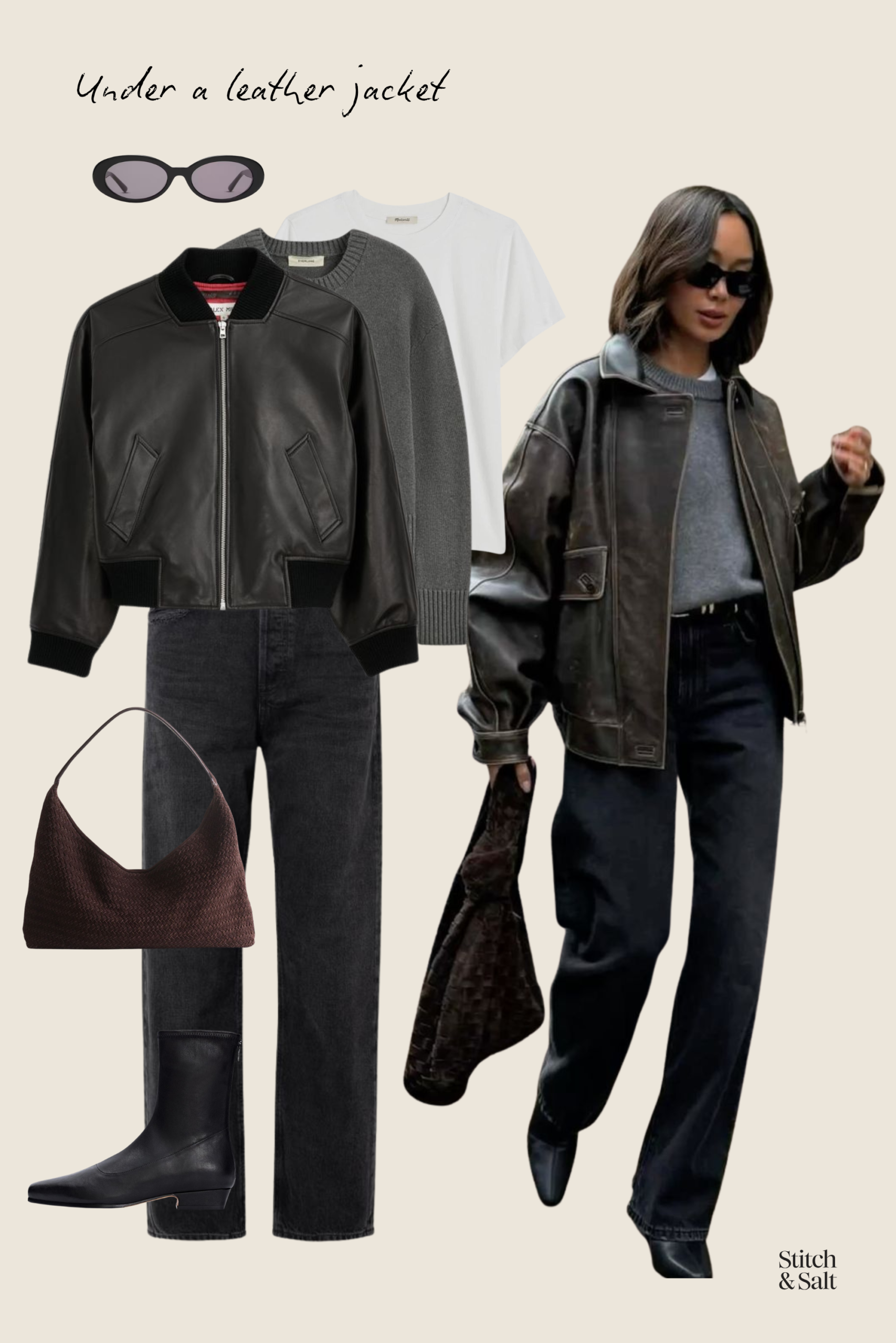 gray sweater outfit with a leather bomber jacket, black jeans, and black boots